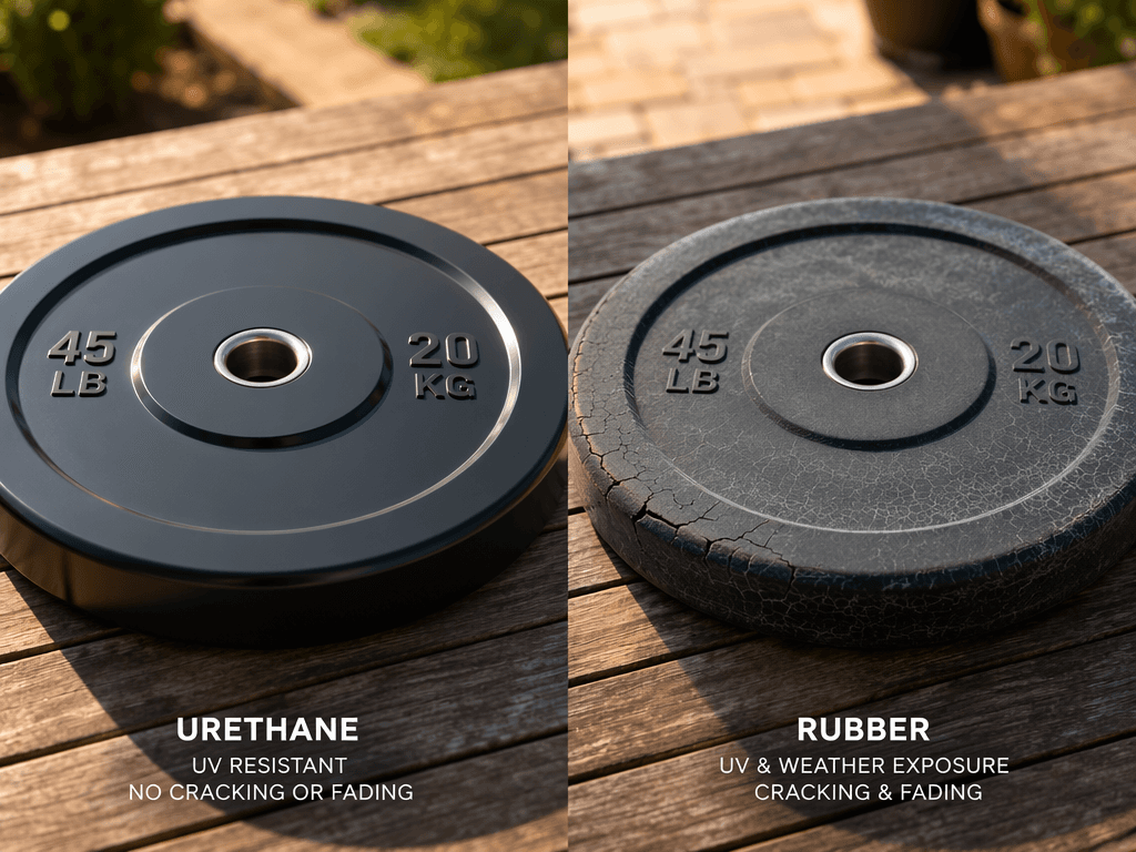 Side-by-side comparison of two weight plates on a wooden deck: a smooth glossy urethane-coated plate on the left and a rubber bumper plate on the right showing surface checking, fading, and minor edge cracking from UV and temperature exposure.