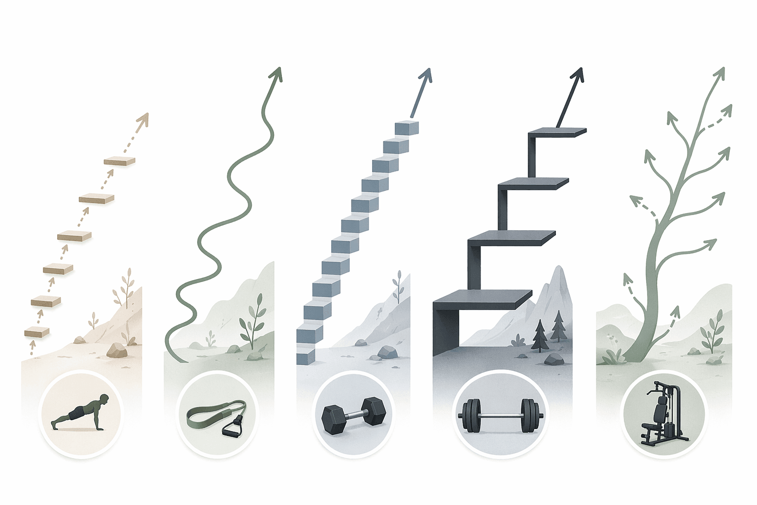 Five different progression paths representing bodyweight, band, dumbbell, barbell, and all-in-one machine training