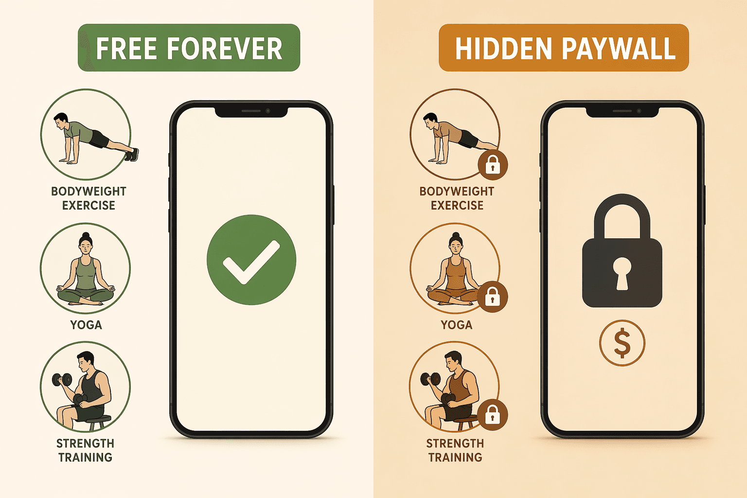 Editorial infographic split vertically into two halves. Left half has a green 'FREE FOREVER' badge with a smartphone icon displaying a checkmark, surrounded by small exercise icons on a warm cream background. Right half has an amber 'HIDDEN PAYWALL' badge with a smartphone icon overlaid by a padlock and dollar sign, with locked app icons on a darker warm background.