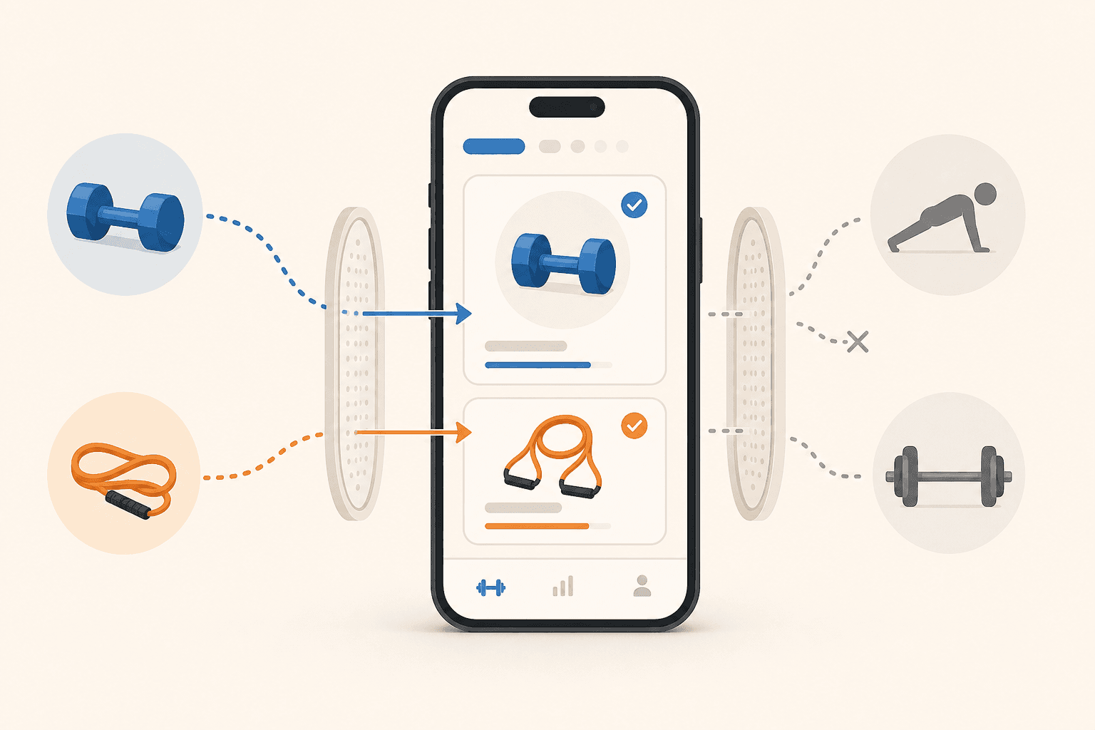 A flat vector illustration of a smartphone at center with equipment icons (dumbbell, resistance band, bodyweight figure, barbell) approaching from different directions. Only the equipment matching a home gym setup passes through a filter and appears highlighted on the phone screen.