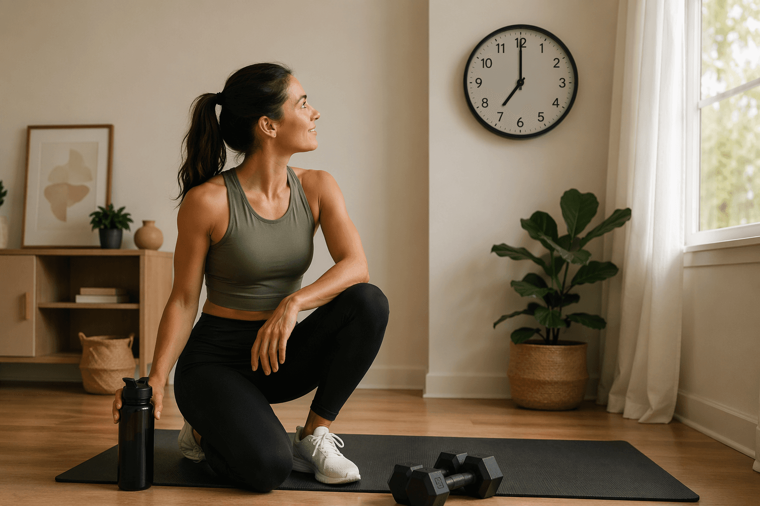 Person standing on a yoga mat after a timed 7-minute home workout