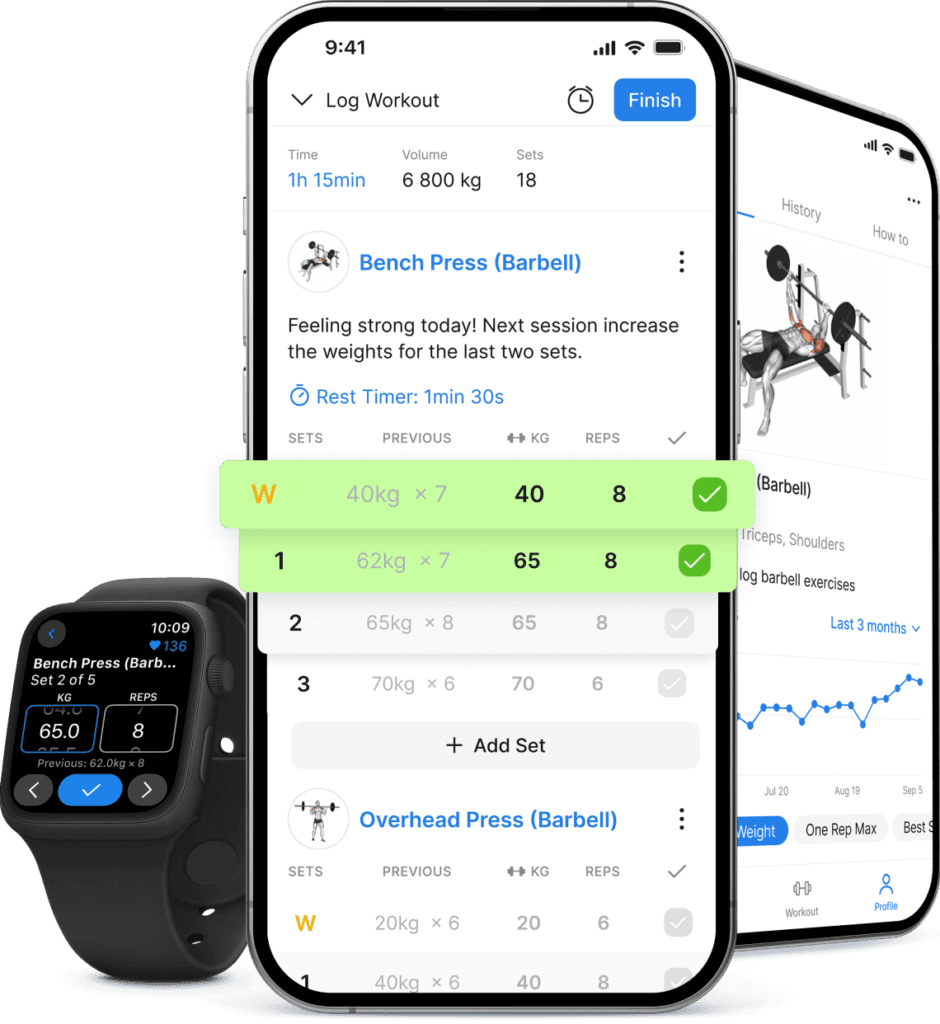 Hevy workout app screen showing exercises, sets, reps, weights, and workout controls