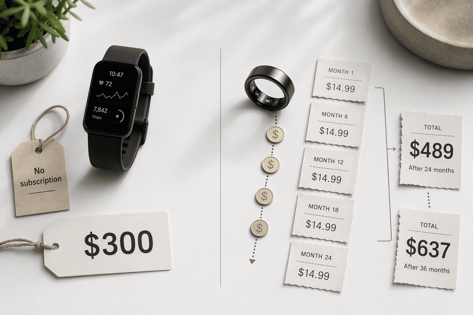Flat-lay comparison of a no-subscription smartwatch and a smart ring with accumulating subscription receipts