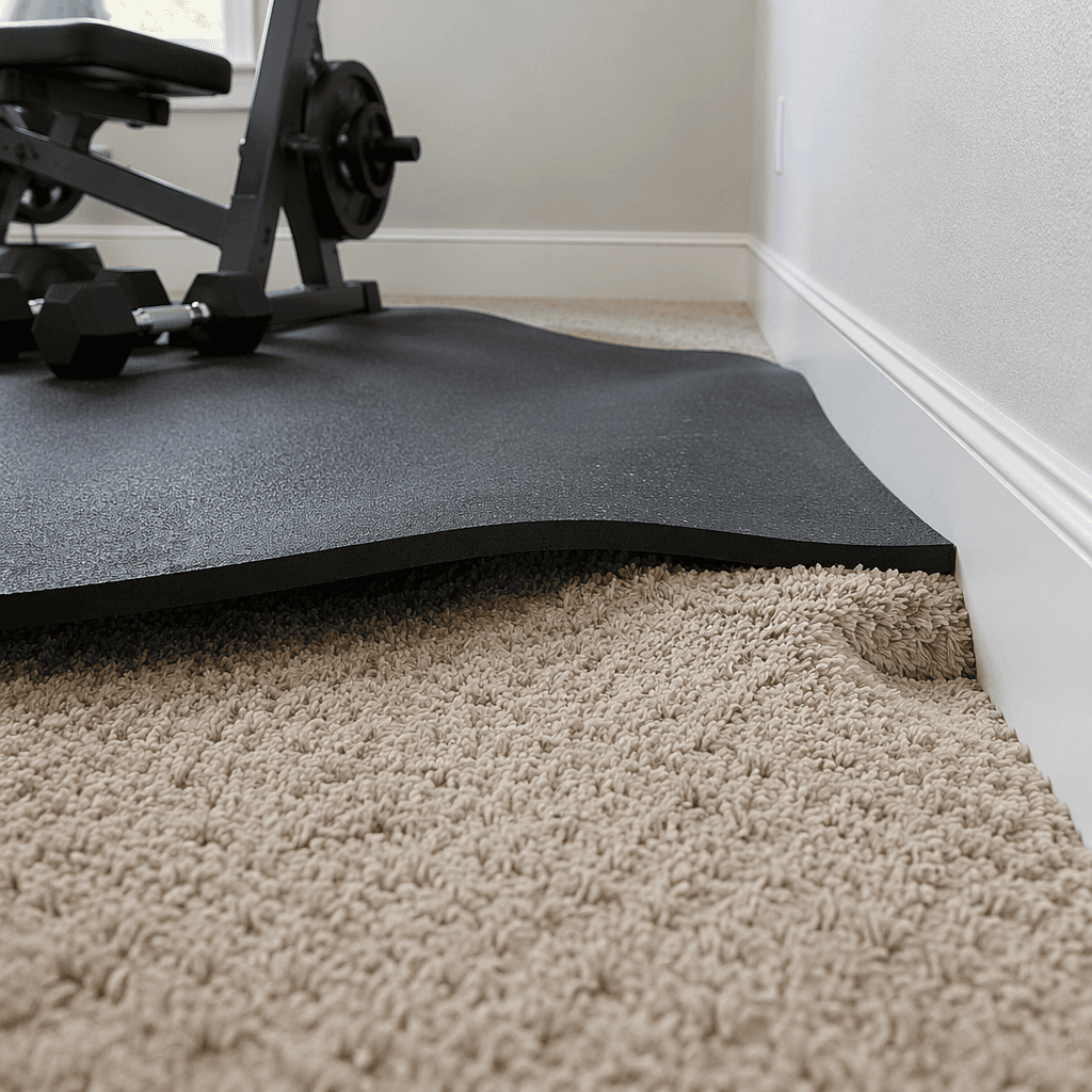 Rubber gym mat sinking unevenly into plush carpet near a wall