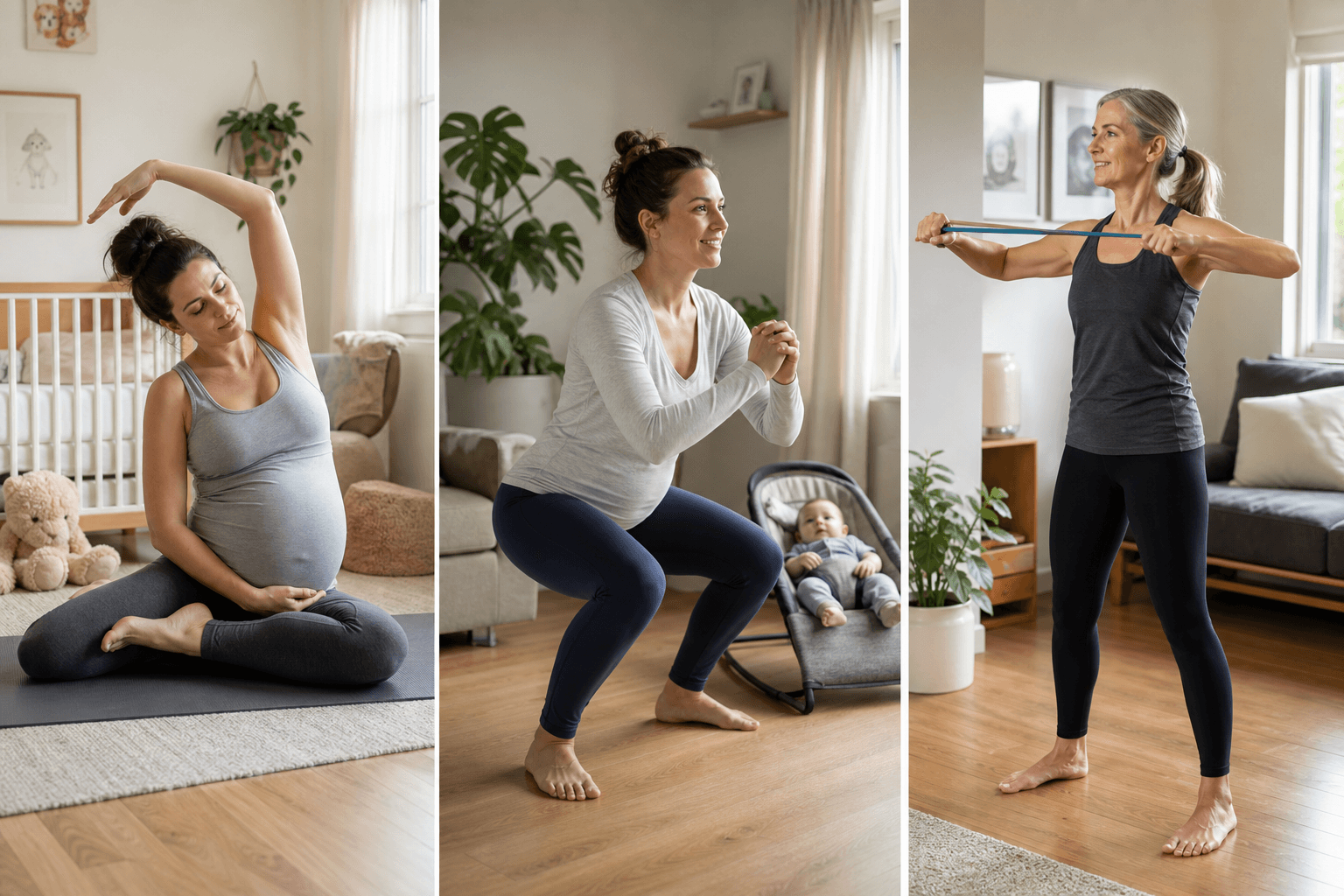 Triptych of three women at different life stages exercising at home: a pregnant woman stretching in a bright nursery, a postpartum woman squatting near a baby bouncer, and a woman in her mid-40s doing resistance band exercises.