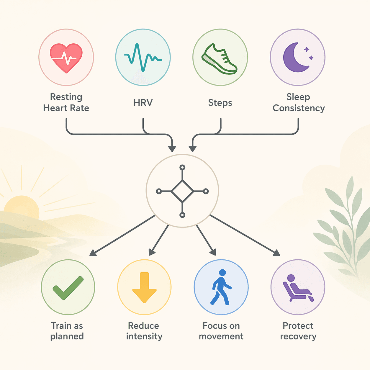 Workflow diagram connecting resting heart rate, HRV, steps, and sleep consistency to four workout decisions