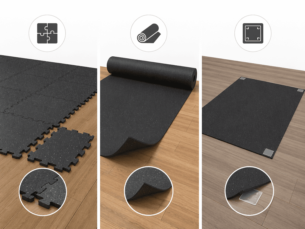 Three adhesive-free installation methods shown on a wood subfloor: interlocking rubber tiles with puzzle edges on the left, loose-lay rubber roll with curled edges showing no adhesive in the center, and thin rubber mat secured with double-sided tape strips on the right.