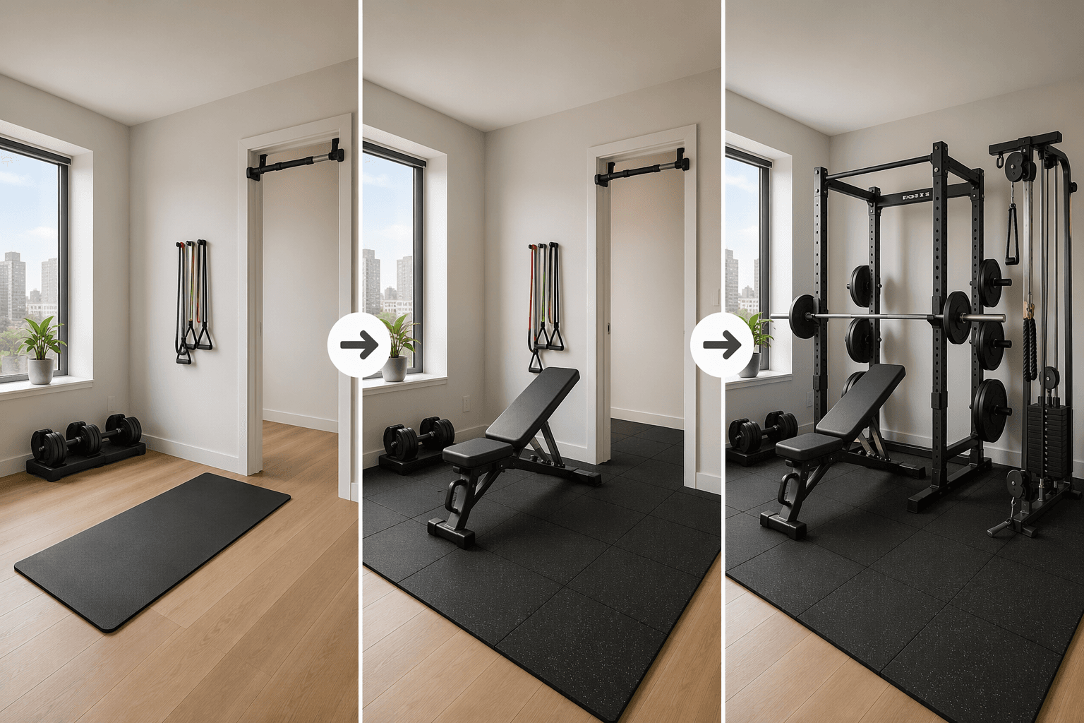 Three-stage modular home gym progression from dumbbells and bands to bench, pull-up bar, rack, cable tower, barbell, and plates