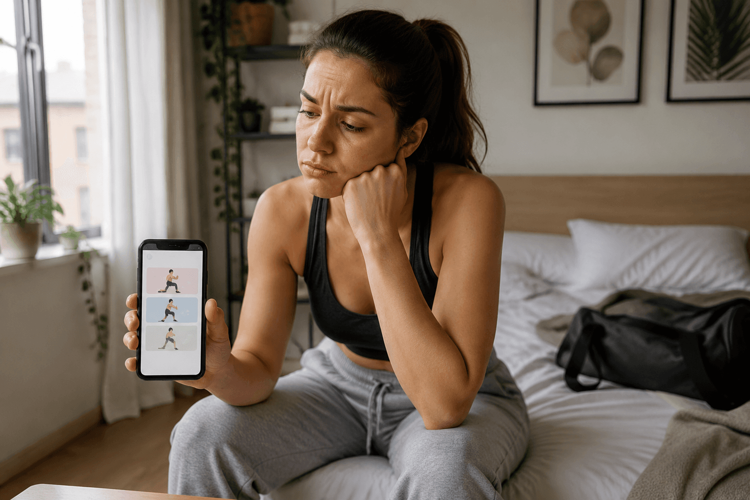 Woman sitting on a bed holding a smartphone with a fitness app open, looking thoughtful and frustrated