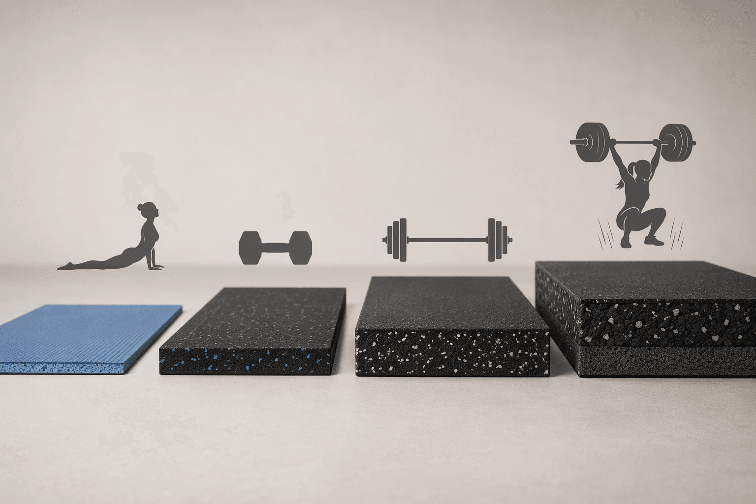 Four gym flooring thickness cross-sections from foam to 8mm rubber to half-inch rubber to three-quarter-inch stall mat