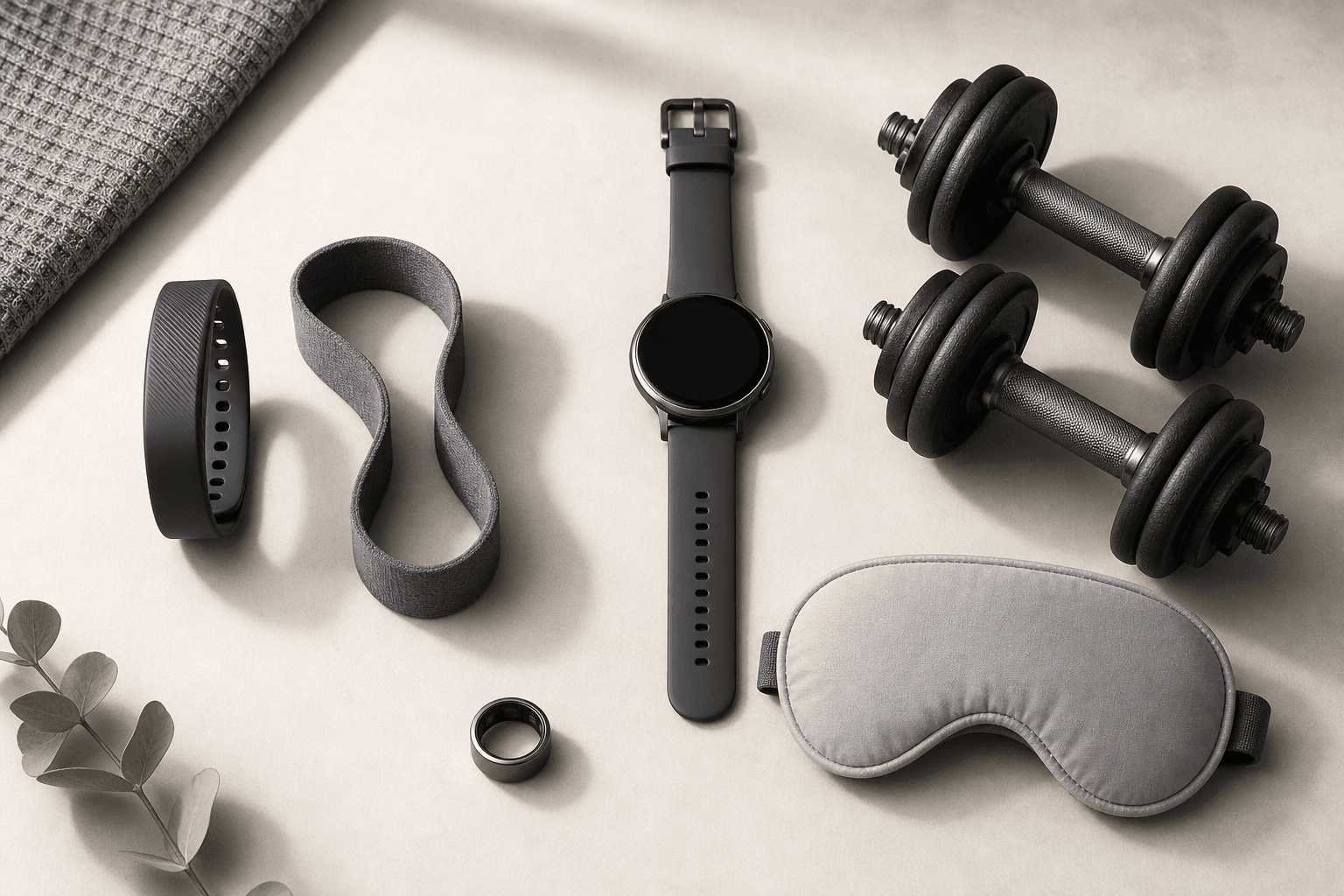 Flat-lay of three fitness tracker form factors — a slim screenless wristband, a round smartwatch, and a minimalist smart ring — each paired with a visual cue for its primary use case: resistance band for daily activity, dumbbells for strength, and a sleep mask for recovery.