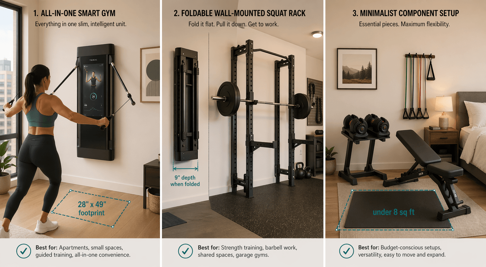 Three panels comparing a smart wall unit with cords, a foldable rack deployed and folded, and a component setup with dumbbells, bench, and bands in a bedroom corner, with measurement callouts.