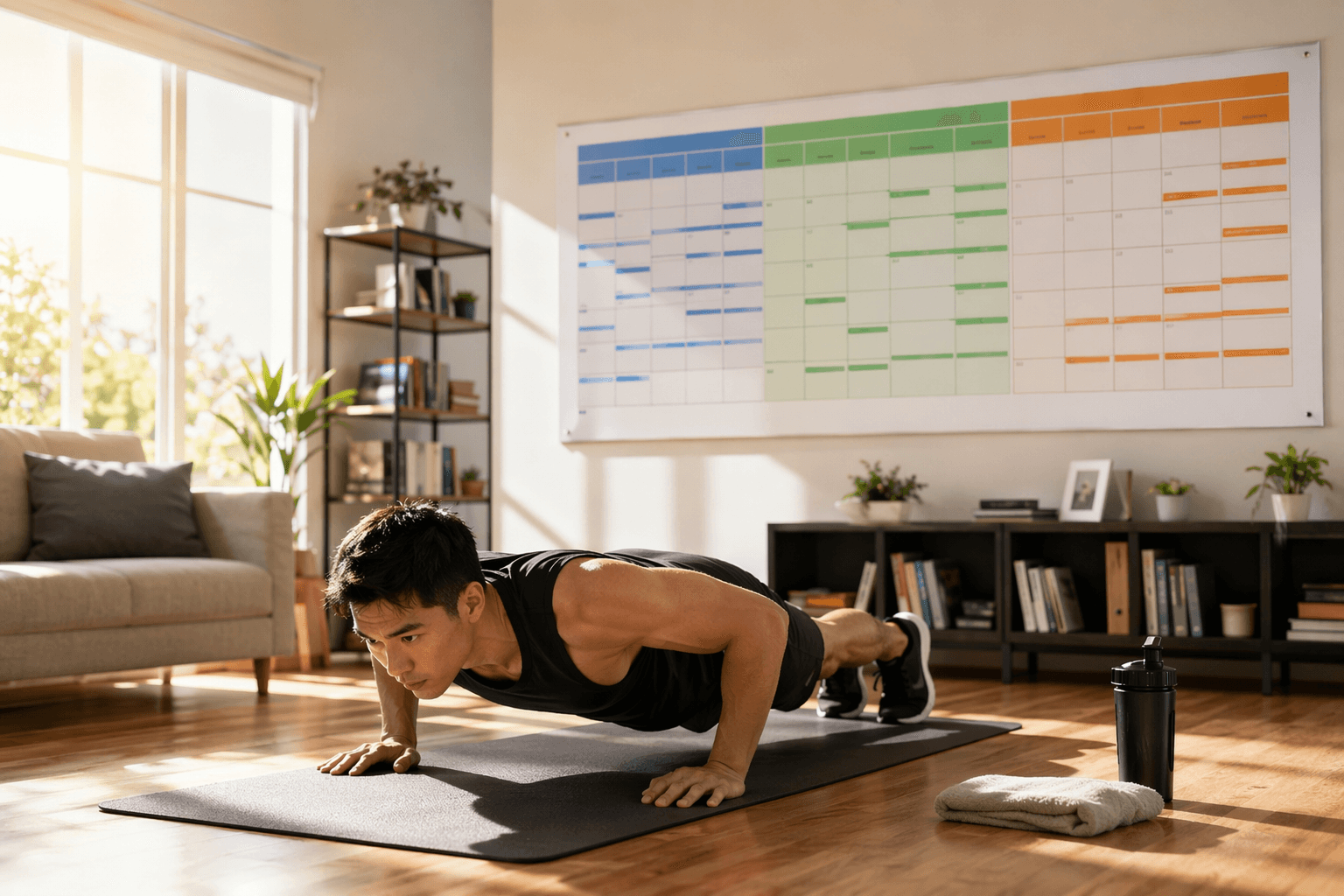 Home workout space with a push-up mat and an 8-week three-phase progression calendar