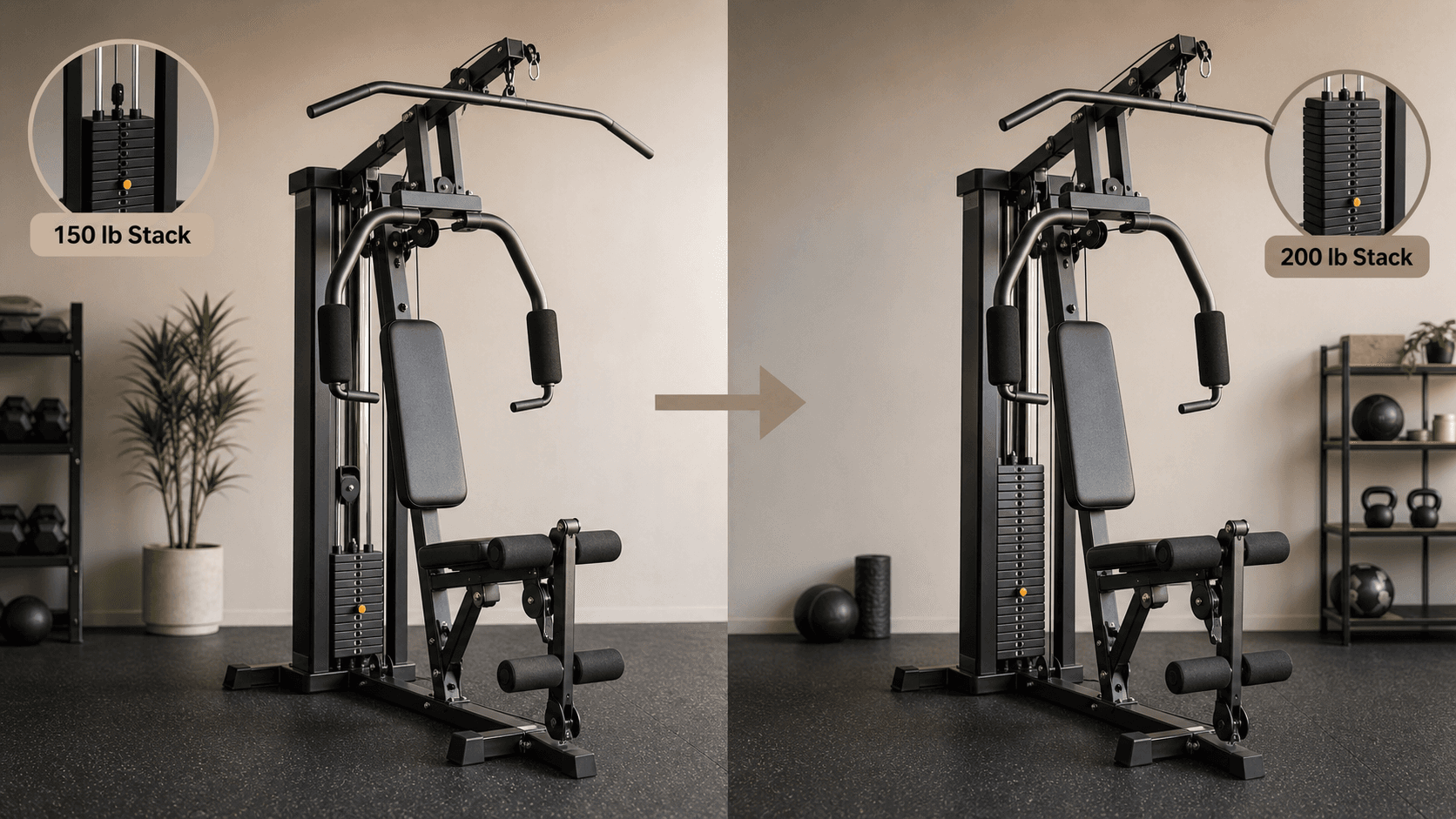 Editorial side-by-side comparison of two home gym machines: a compact 150 lb weight stack model on the left and a larger 200 lb weight stack model on the right, both set on rubber gym flooring against a neutral wall background.