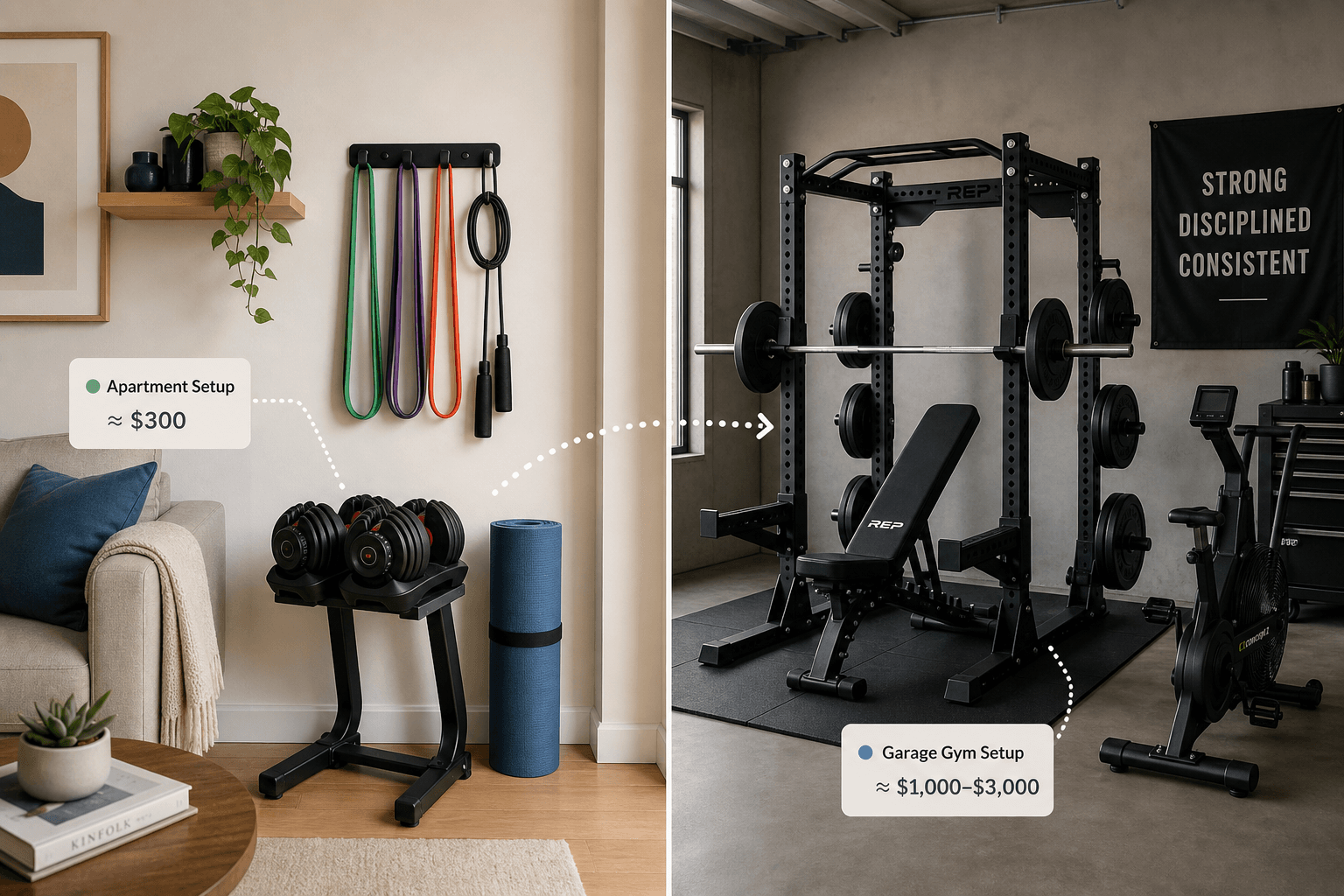 Split-screen editorial photograph showing an apartment living room setup with budget equipment on the left and a garage gym with premium equipment on the right.