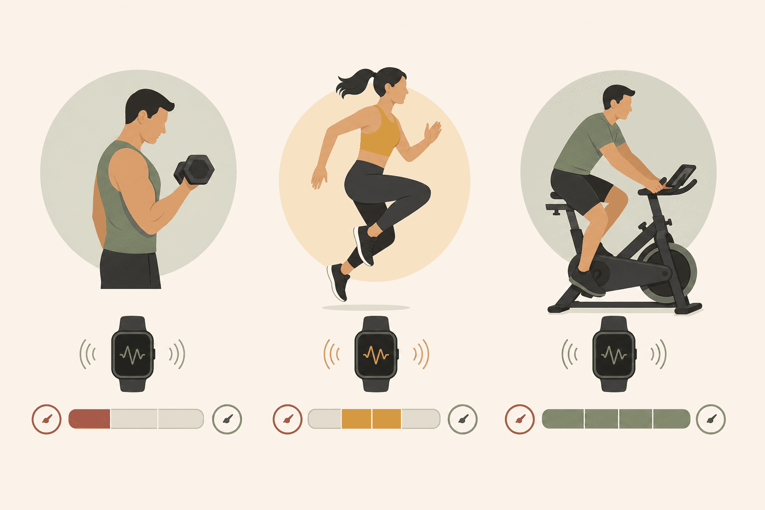 Three workout scenario lanes — strength training, HIIT, and indoor cycling — each paired with a vertical accuracy indicator bar showing low, medium, and high wrist sensor accuracy respectively.