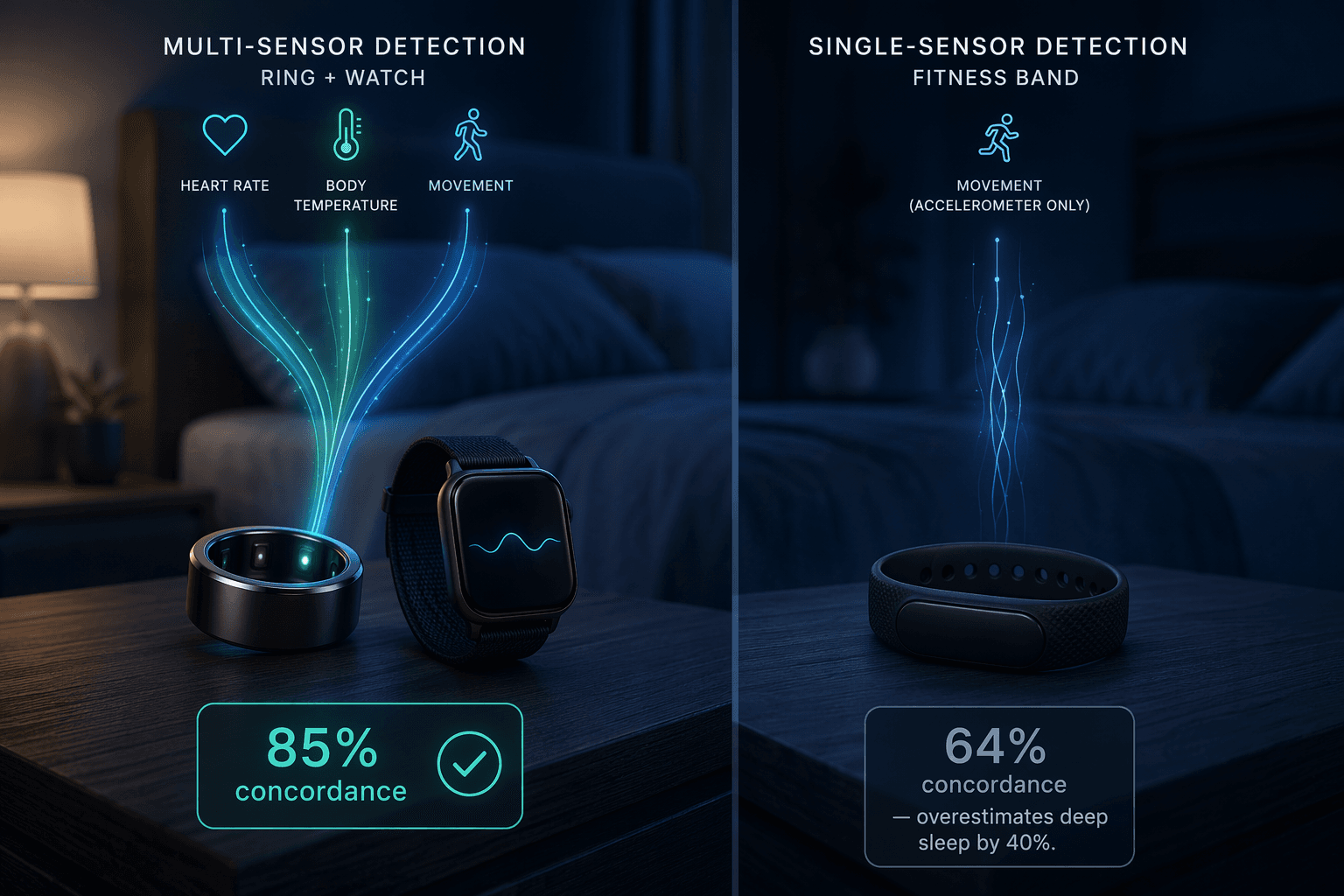 Split scene showing a smart ring and watch on a nightstand with glowing sensor beams representing multi-sensor sleep detection on the left, and a simple fitness band with faint movement lines on the right.
