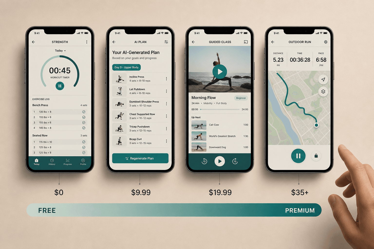 A row of four smartphone mockups on a warm neutral background, each displaying a different workout app interface: a strength tracking log, an AI workout plan screen, a guided video class player, and a running GPS map view.