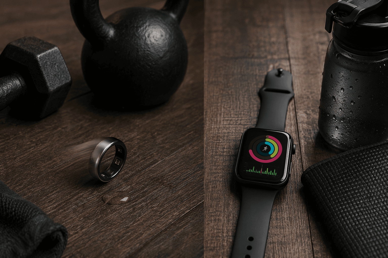 Smart ring and smartwatch arranged beside home gym equipment