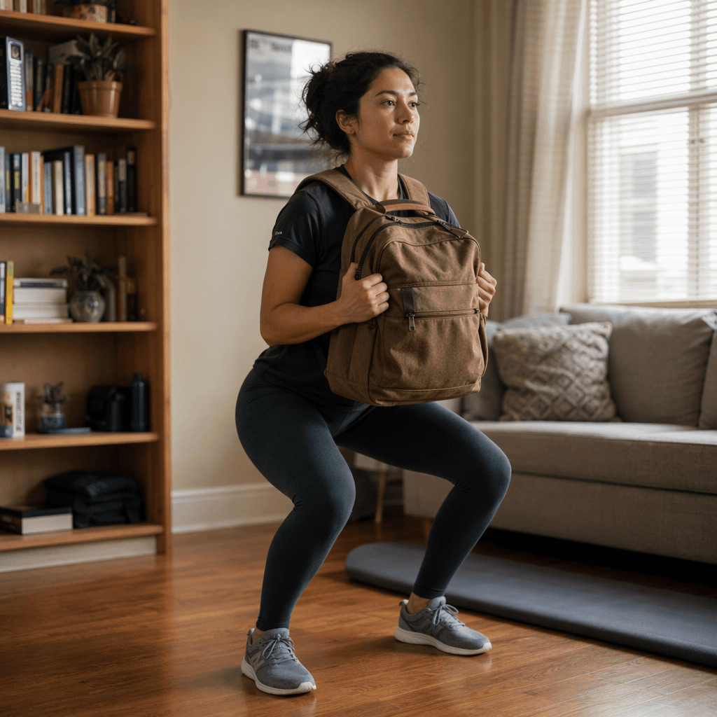 A person in athletic wear stands in a tidy living room holding a canvas backpack filled with books against their chest, using it as improvised weighted resistance for squats. The backpack straps are visible and books subtly bulge the fabric.