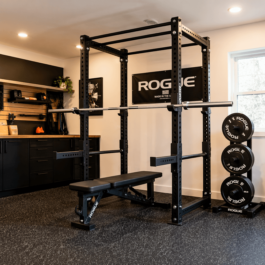 A clean traditional home gym setup in a bright garage space featuring a black power rack with a barbell on J-hooks, a weight bench inside the rack, and iron bumper plates stored on an adjacent rack, with rubber flooring and warm natural lighting.