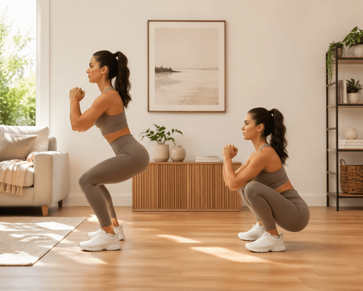 Side-by-side home squat depth comparison showing a shallow partial squat and a full-depth squat