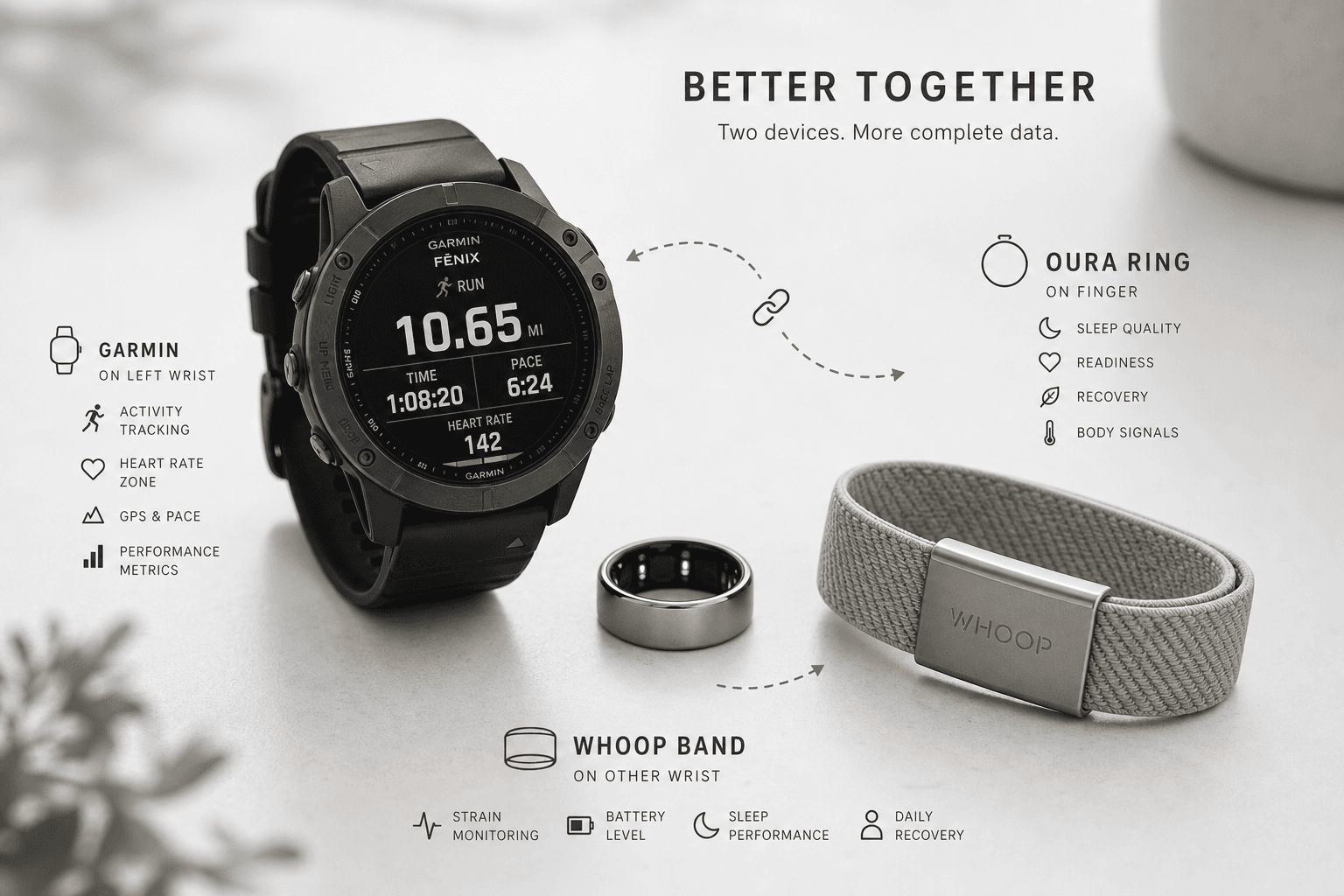 A Garmin sport watch paired with an Oura Ring and a Whoop band on a white surface, with dashed-line cues suggesting a dual-wear connection.