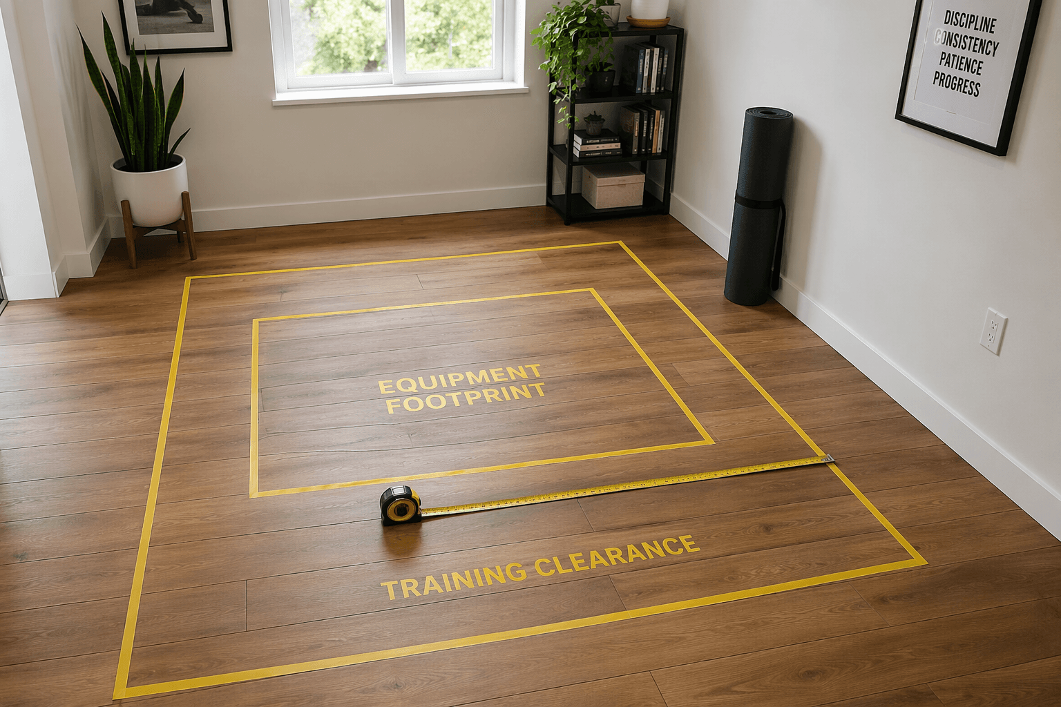 Apartment room with painter's tape marking a workout rectangle on the floor