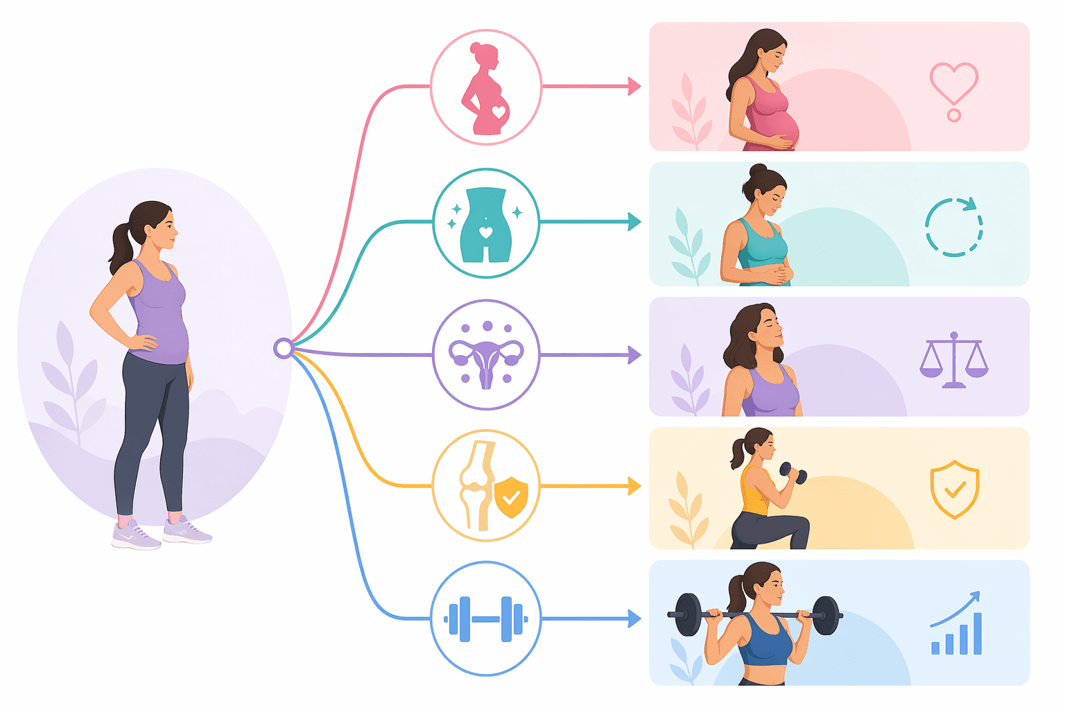Decision-path infographic connecting physiological needs to prenatal, postpartum, perimenopause, joint-friendly strength, and general strength app choices