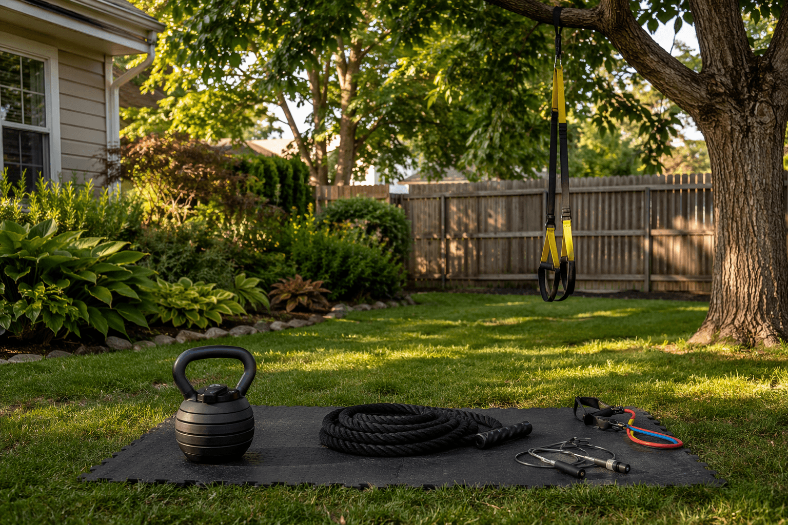 A residential backyard with a portable budget workout setup on the lawn, including an adjustable kettlebell, coiled battle rope, jump rope, and resistance bands, with a suspension trainer hanging from a tree branch.