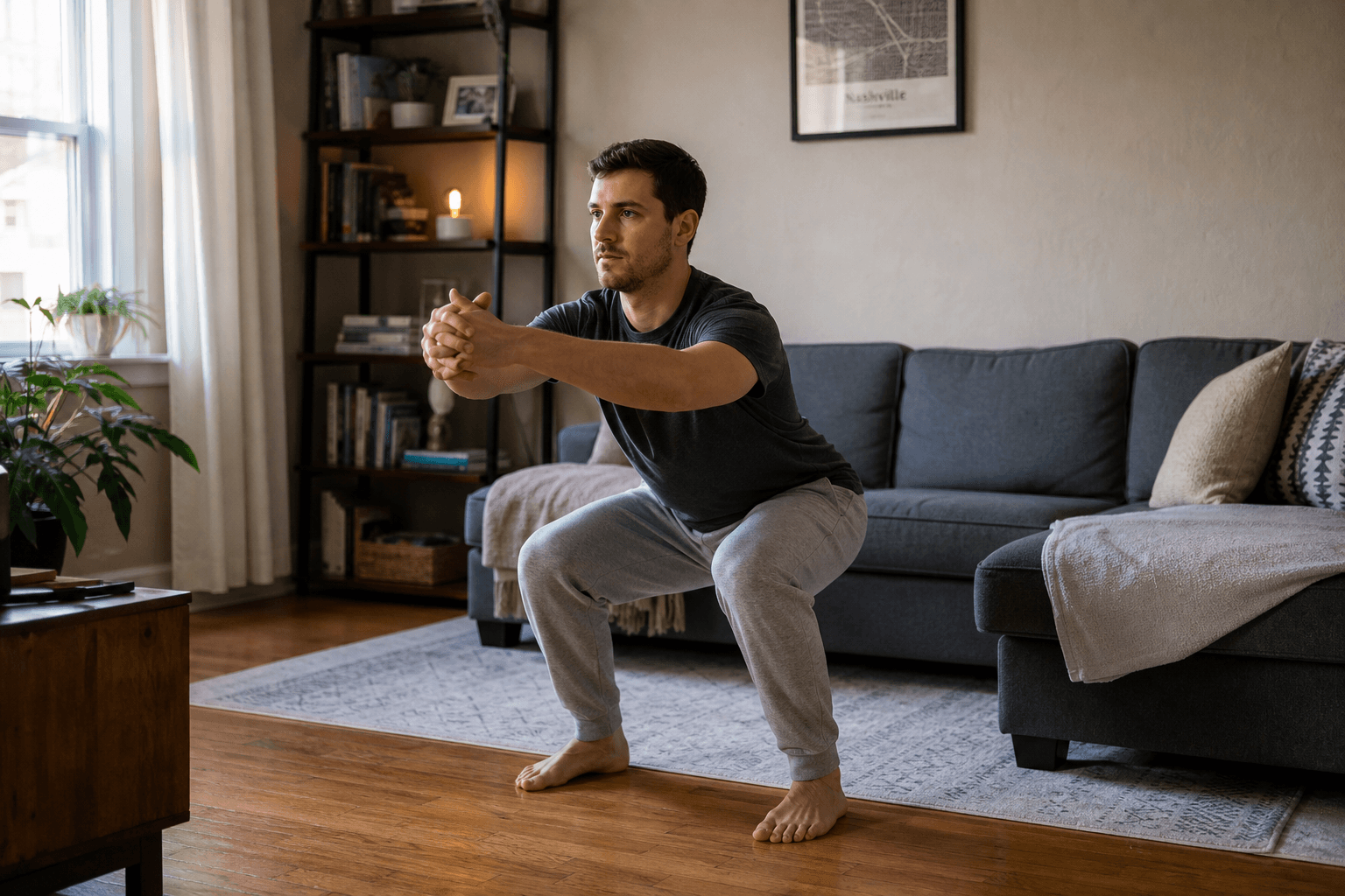 A person in casual home clothes performing a bodyweight squat in a warm, lived-in living room with a couch and wooden floor visible in the background.