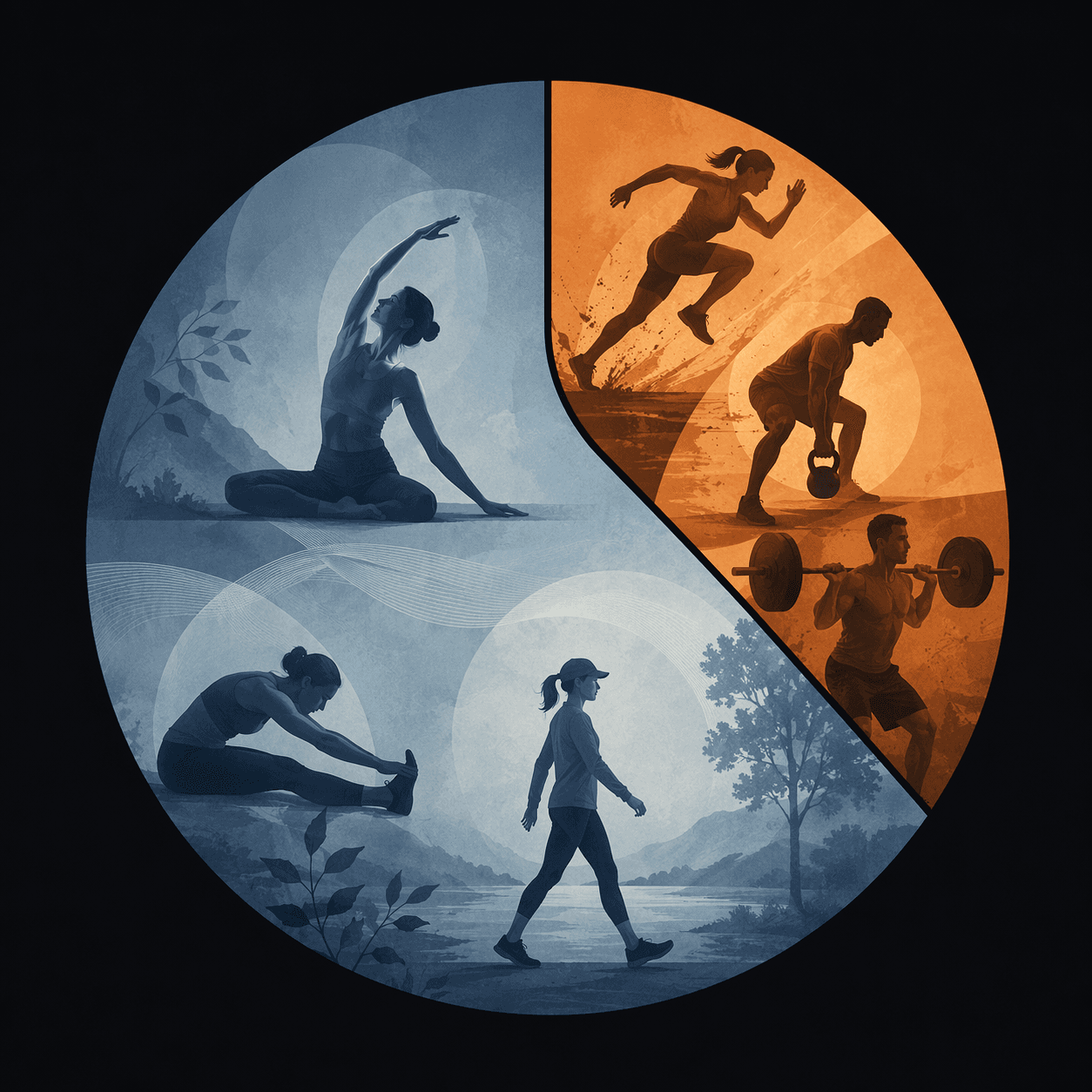 An abstract editorial visual of the 80/20 training intensity principle, showing 80% of a circular composition with low-intensity activities like yoga and stretching in muted blue tones and 20% with higher-intensity training imagery in warmer orange tones.
