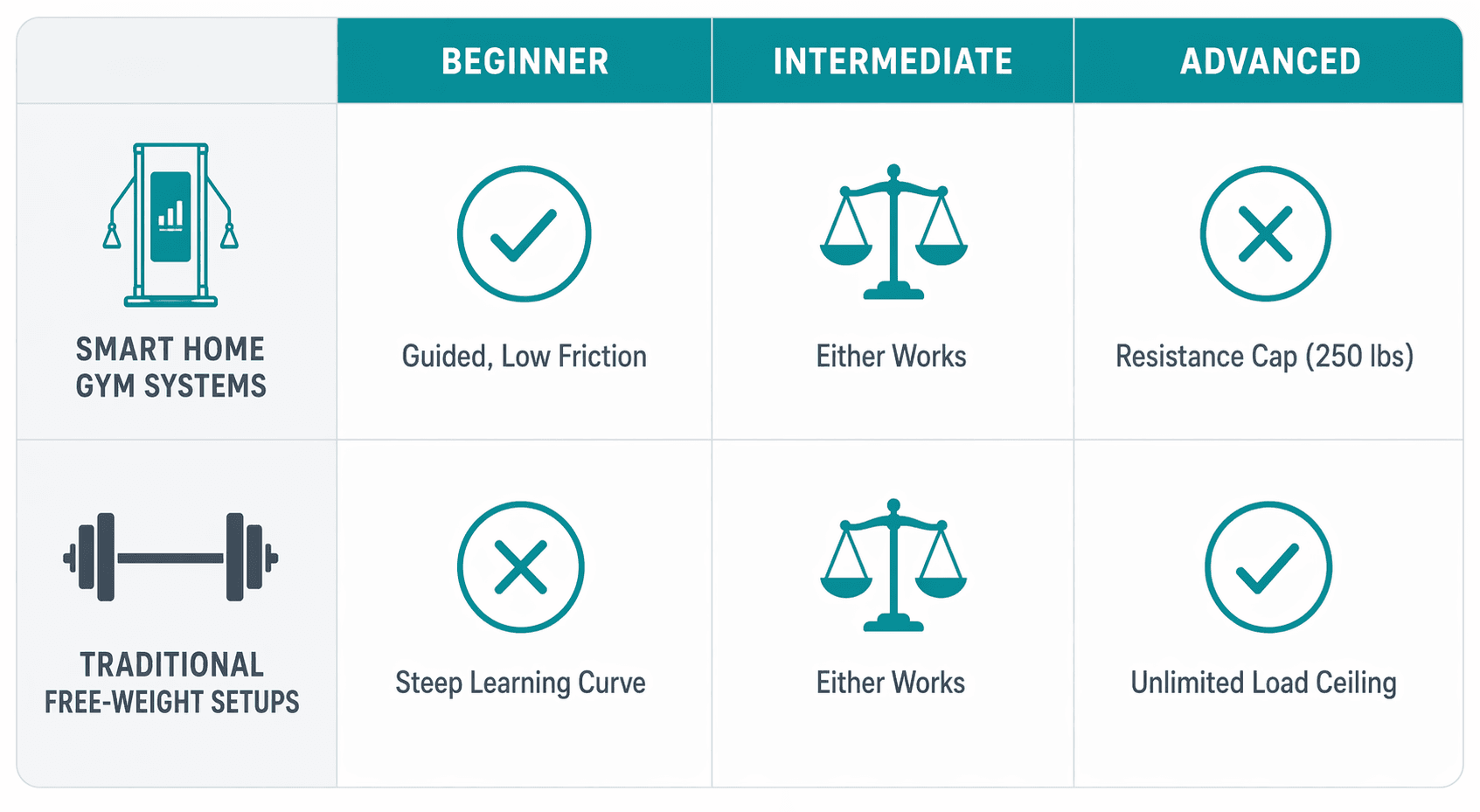 Three-column decision matrix showing Beginner, Intermediate, and Advanced levels with checkmarks and X's beside smart gym and traditional free weights. Beginner: smart gym checkmarked, traditional X. Intermediate: balanced scales. Advanced: traditional checkmarked, smart gym X labeled 'Resistance Cap (250 lbs)'.
