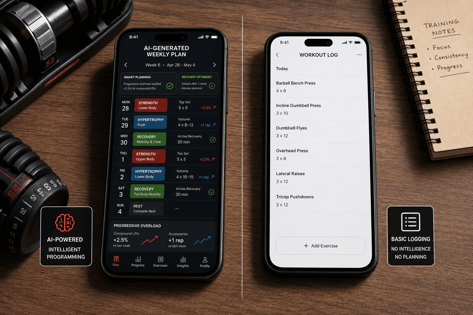 Split-composition flat lay showing a smartphone with an AI-generated weekly plan next to a phone with a basic exercise logger, with dumbbells and a notebook nearby.