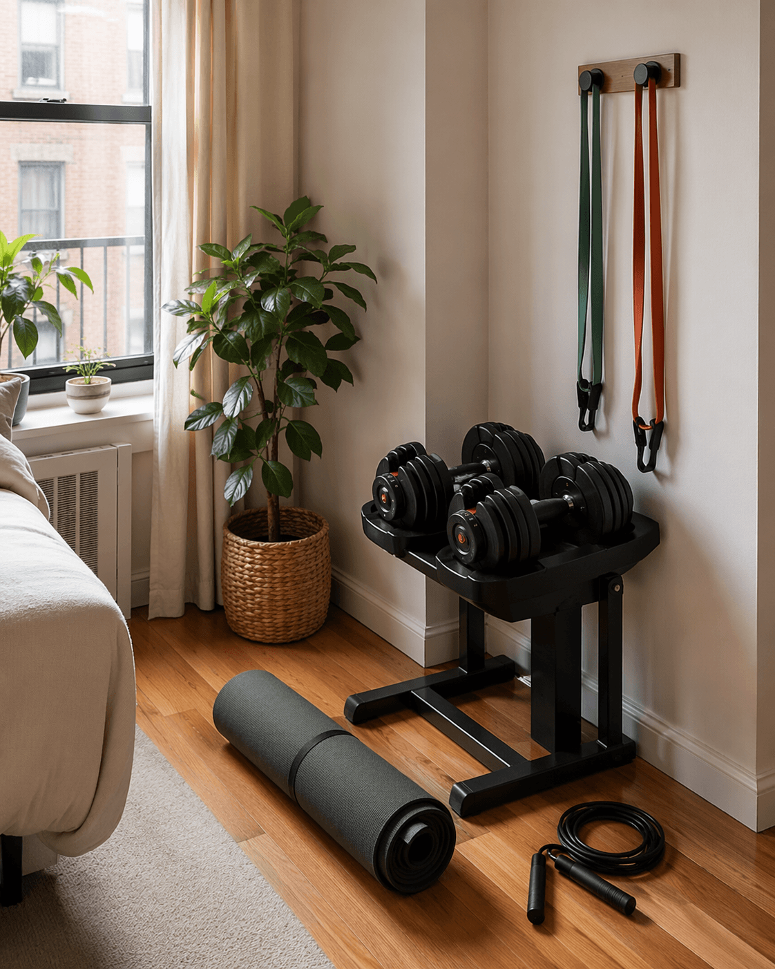 Compact apartment corner gym with yoga mat, adjustable dumbbells, resistance bands, and jump rope