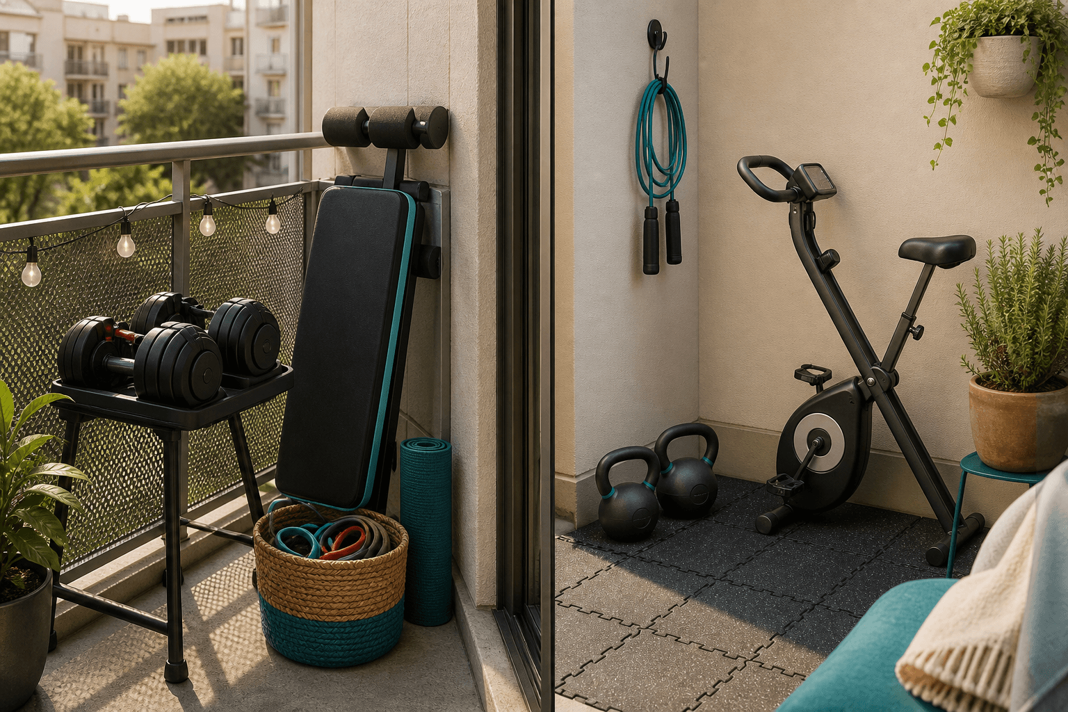 Split-composition editorial photo of a small apartment balcony (left) with adjustable dumbbells on a stand, a foldable bench leaning against the railing, resistance bands in a woven basket, and a rolled yoga mat, transitioning to a patio (right) with interlocking rubber floor tiles, a jump rope on a hook, kettlebells, and a compact folding bike against a wall, with potted plants and warm neutral tones with teal accents