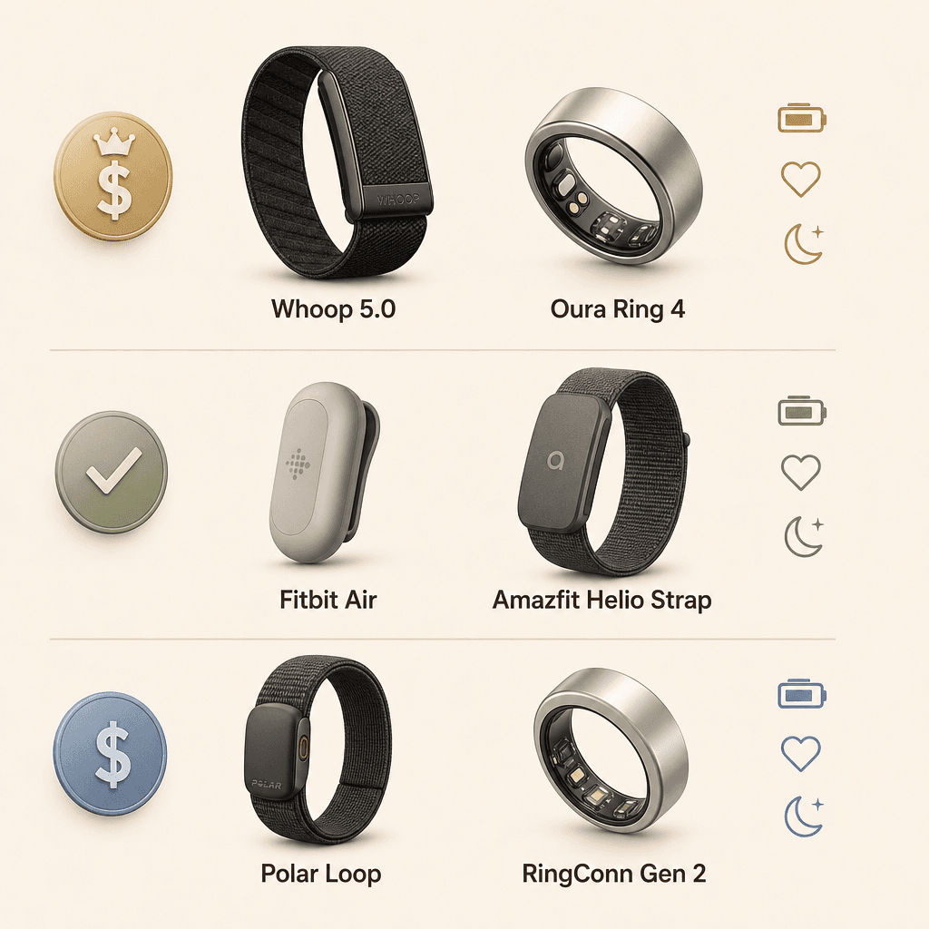 Three-tier vertical infographic with Whoop 5.0 band and Oura Ring 4 in a premium subscription tier with gold badge, Fitbit Air and Amazfit Helio Strap in a subscription-free tier with green checkmark, and Polar Loop with RingConn Gen 2 in a budget tier with blue badge, on a warm beige background with subtle battery, heart, and sleep icons