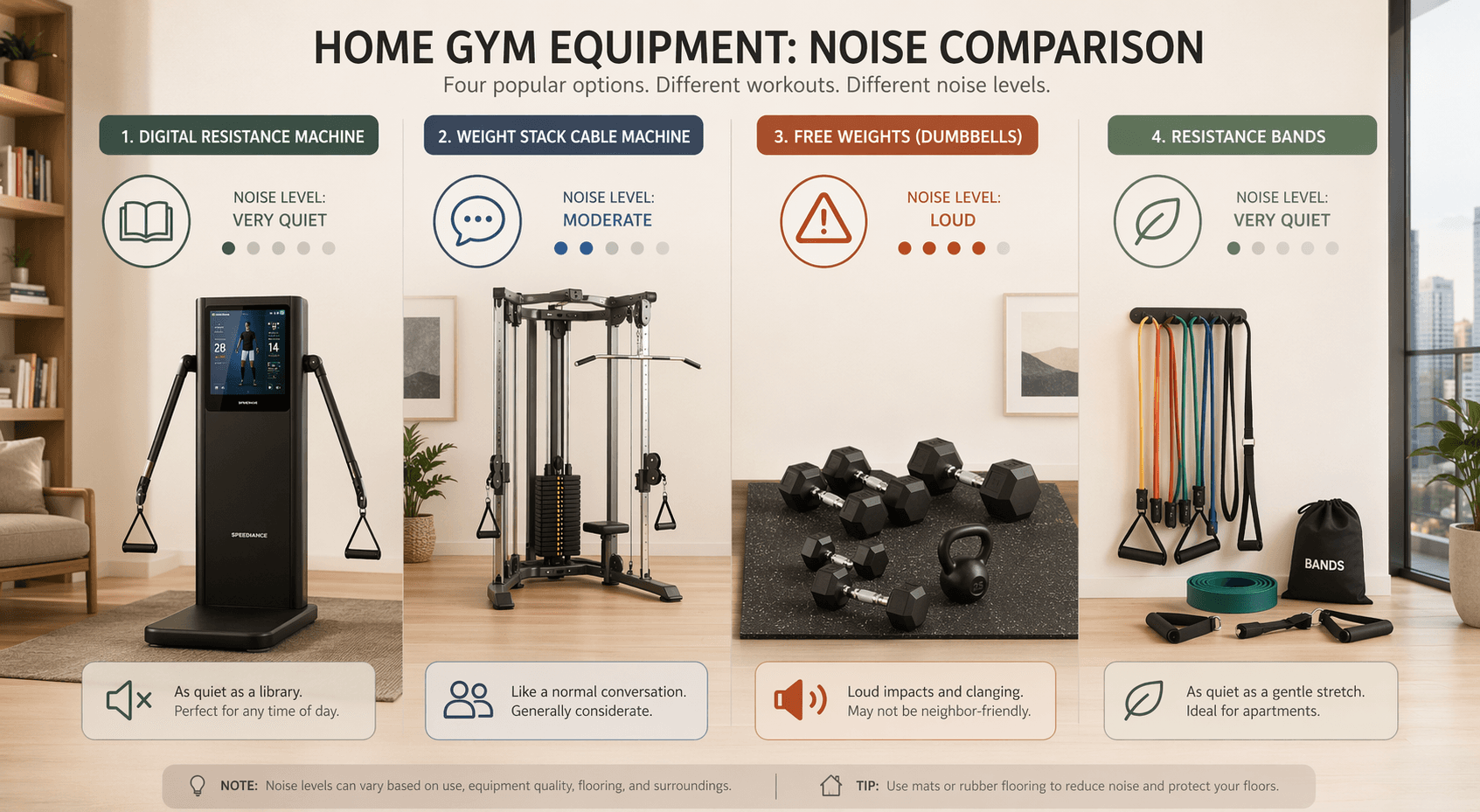 Comparison of digital resistance, weight stack cable machine, free weights, and resistance bands with relative noise indicators