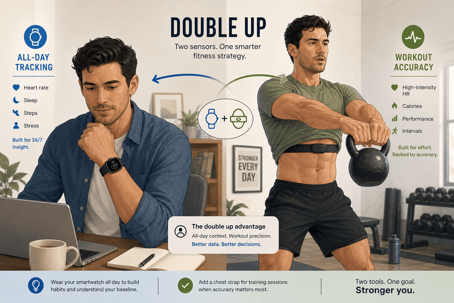 Split-composition editorial illustration showing the 'double up' strategy: left side shows a person's wrist with a smartwatch at a desk with a coffee cup for all-day wear, right side shows the same person in workout clothes with a chest strap visible while exercising, with a curved connection arrow between the two scenes.