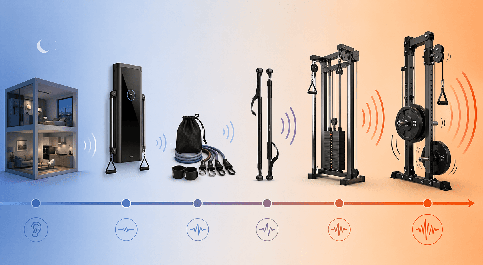 Noise-level spectrum showing home gym resistance types from quietest to loudest