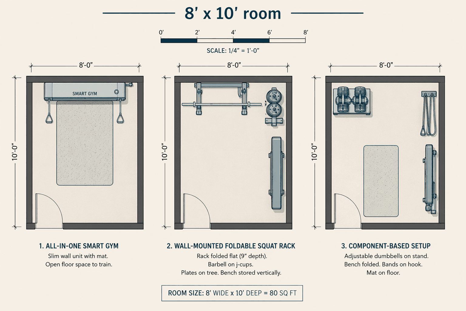 Top-down floor plans of an 8x10 room showing three scenarios: all-in-one unit on wall with mat, wall-mounted rack folded with equipment, and component setup with dumbbells and folded bench.