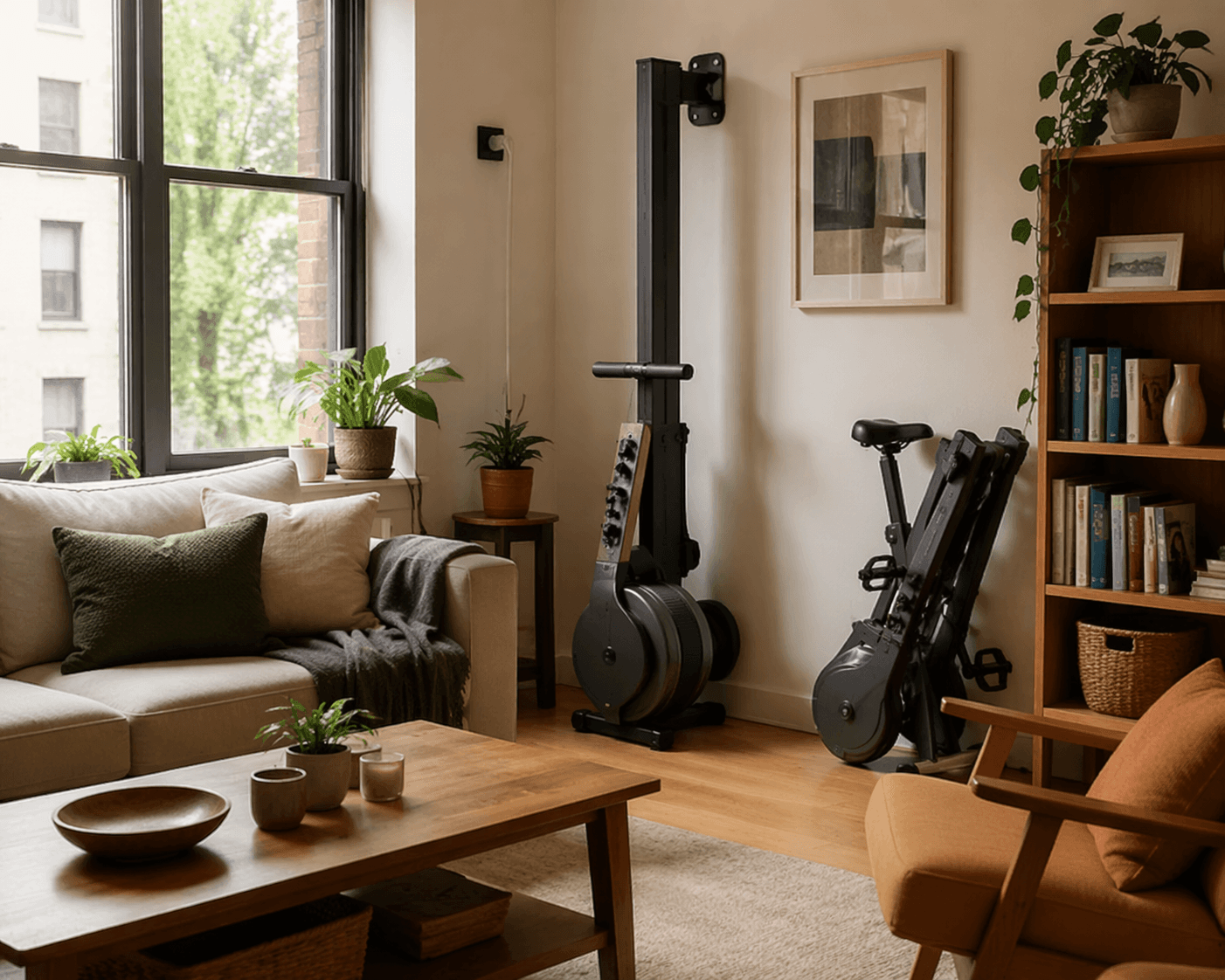 Compact low-impact exercise equipment stored naturally in an apartment living room
