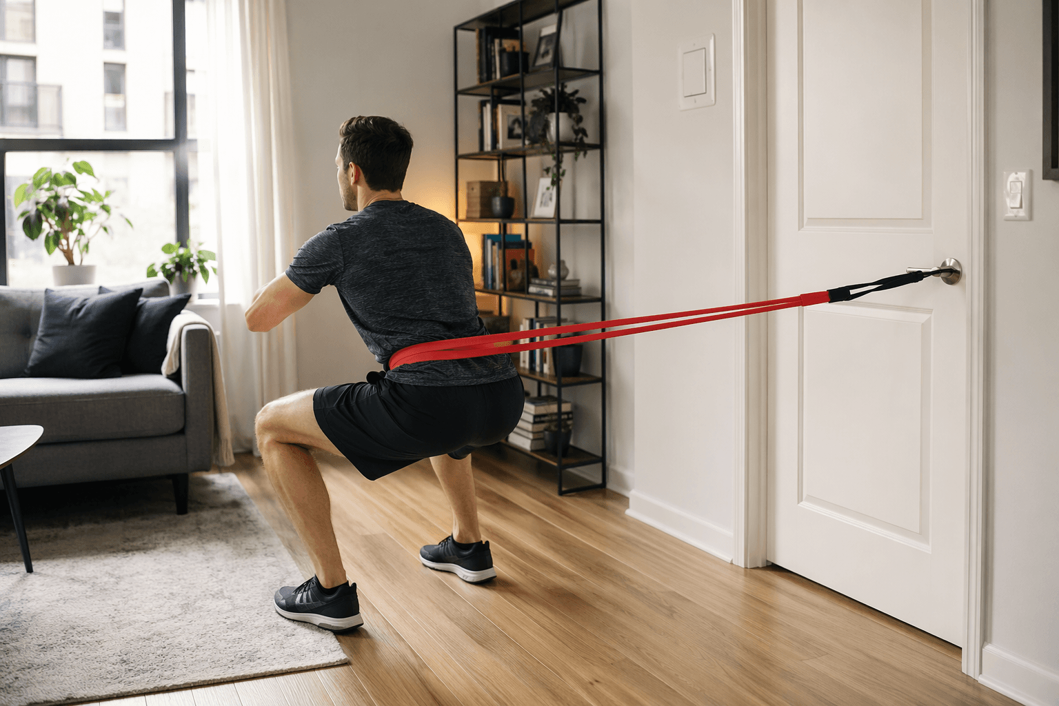 Person performing a resistance band squat with a door anchor in a small apartment living room