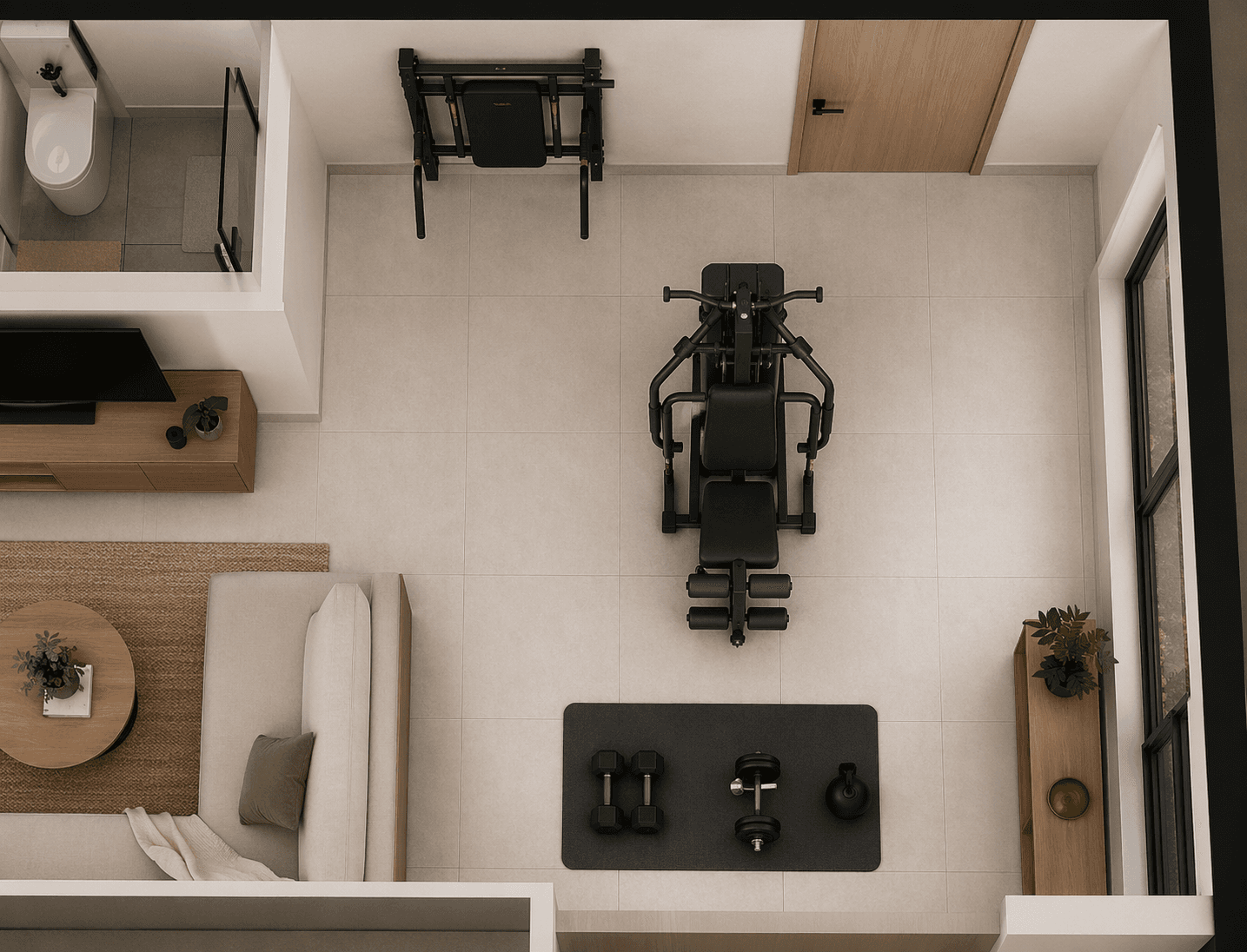 Top-down apartment floor plan showing compact gym setups at different footprint sizes