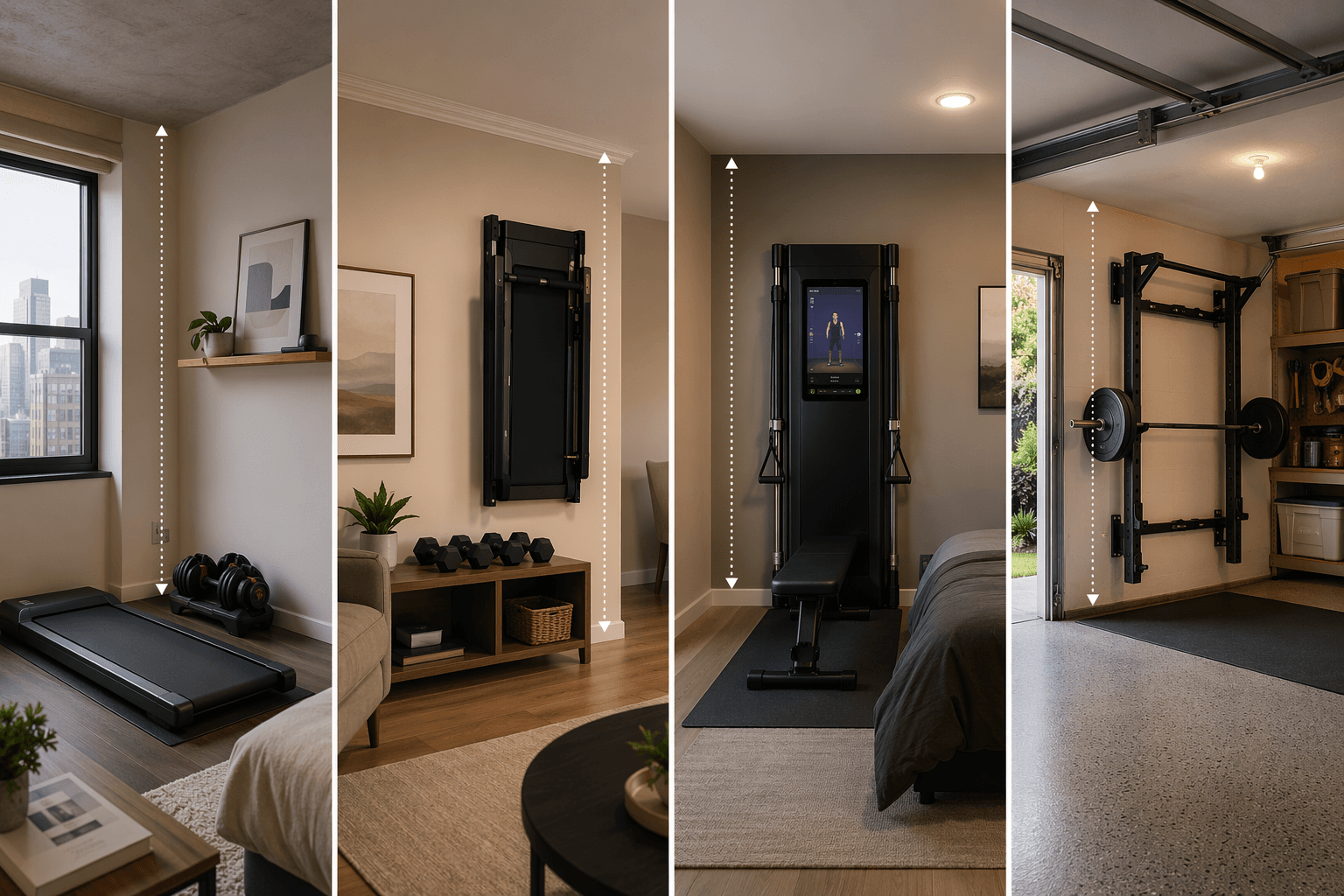 Four home gym room types: studio apartment, living-room corner, spare bedroom, and garage wall