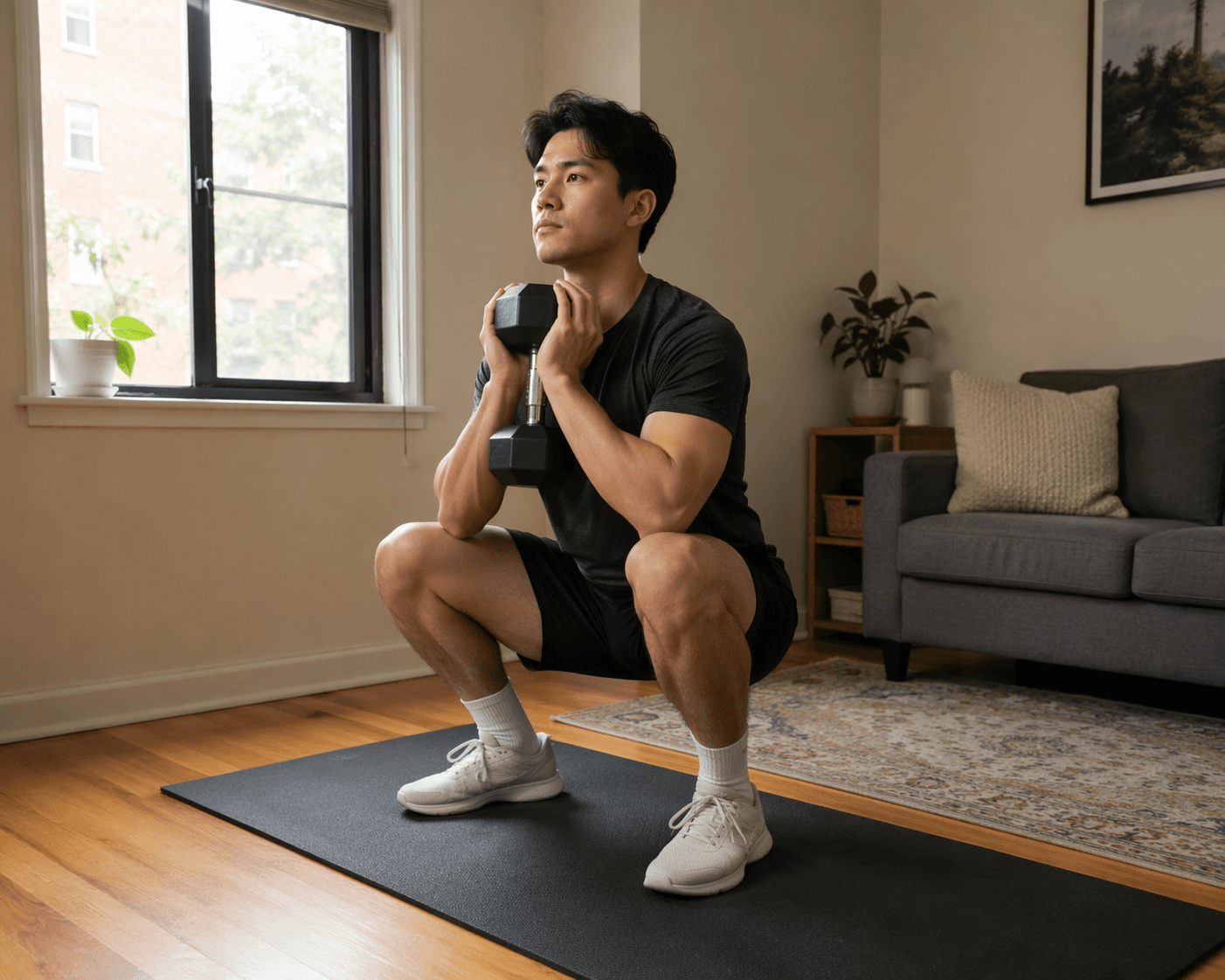 Mid-shot of a person in a small apartment living room performing a goblet squat, holding a single dumbbell vertically against their chest, squatting low with thighs parallel to the floor. Compact wooden floor space with a small mat, window in background, no bench or other gym equipment visible.