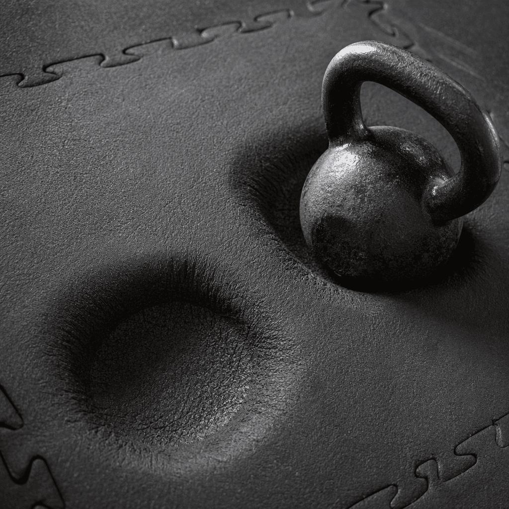Foam gym tile with deep circular indentations from heavy kettlebells