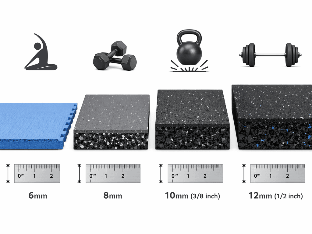 Four cross-sections of gym flooring materials side by side: 6mm blue foam with a yoga icon, 8mm gray rubber with a dumbbell icon, 10mm darker rubber with a kettlebell icon, 12mm black rubber with a barbell icon. A measurement ruler runs below each.