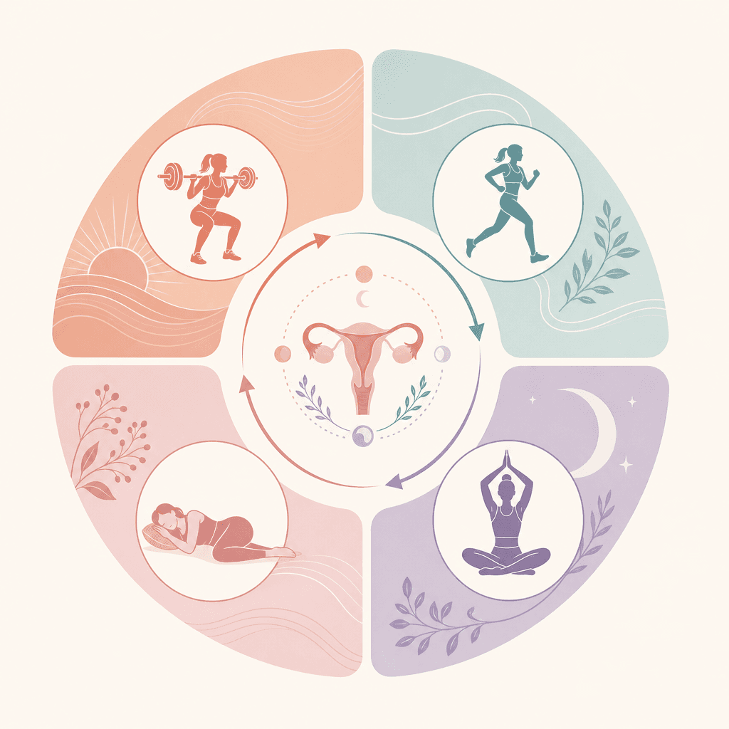 Abstract editorial illustration showing four menstrual cycle phases with workout icons: strength for follicular, cardio for ovulation, low-impact yoga for luteal, rest for menstruation.