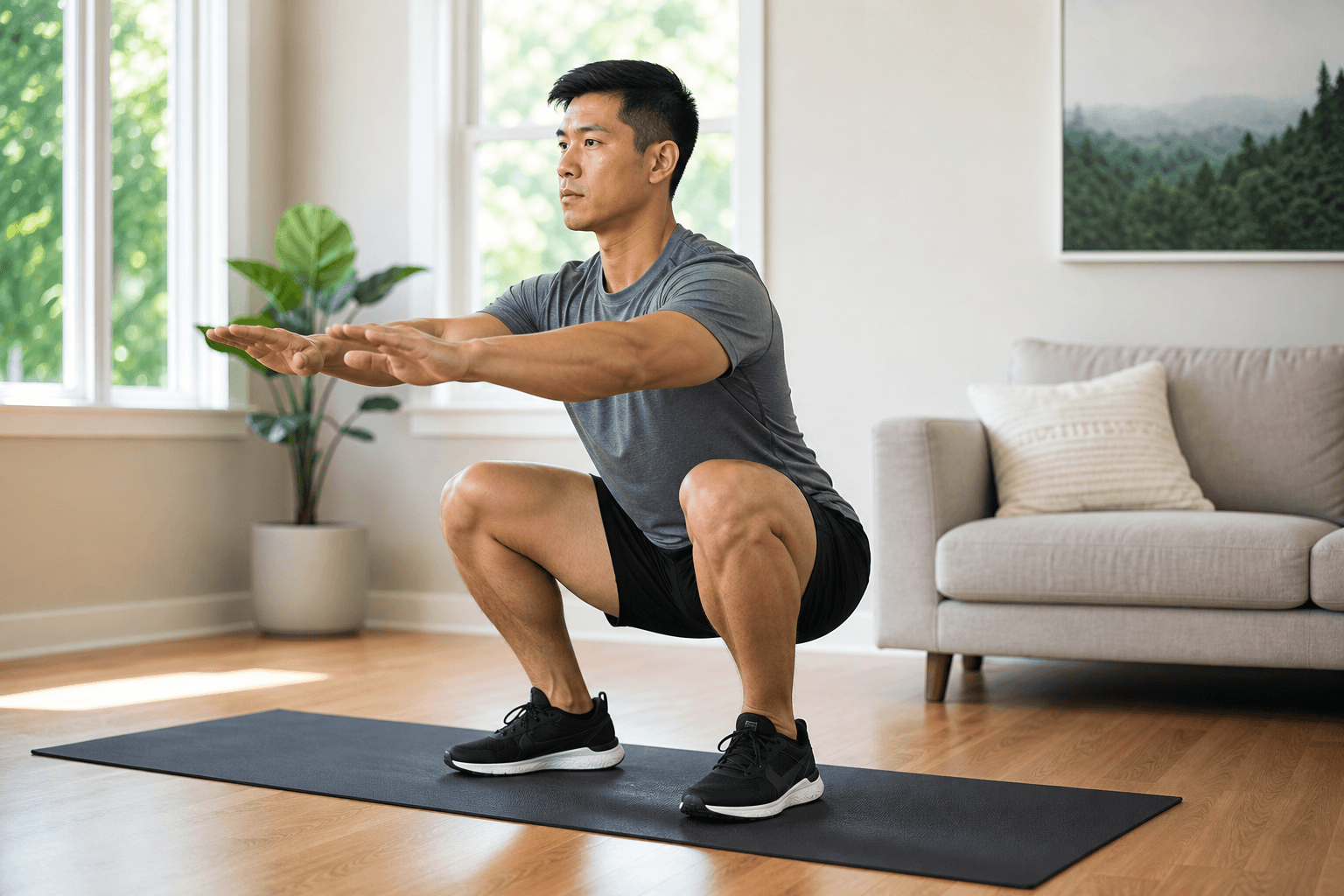 A person in a living room setting holds a deep paused squat position at the bottom — thighs parallel to the floor, hands extended forward for balance.